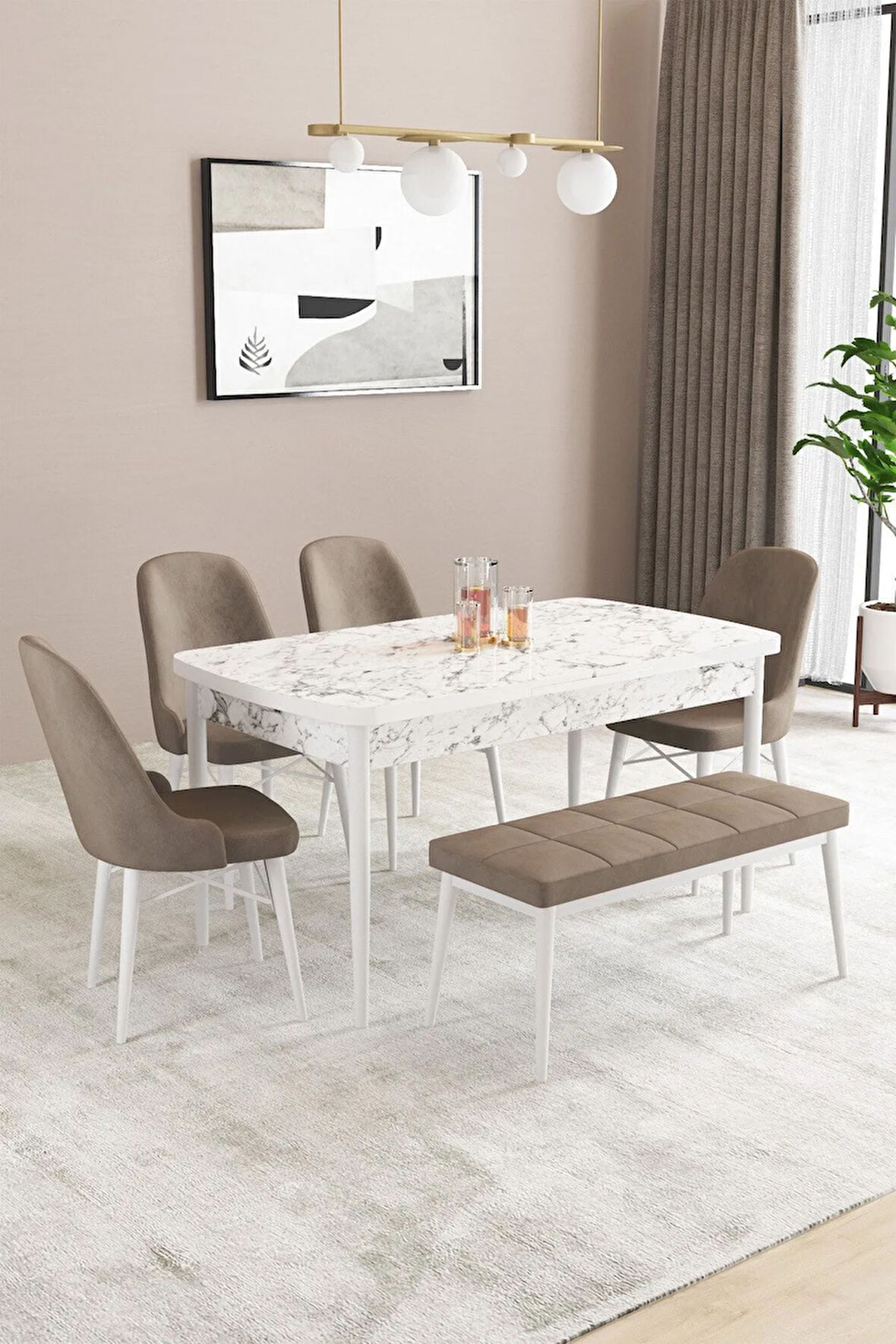Fonza Beyaz Mermer Desen 80x132 MDF Açılabilir Mutfak Masası Takımı 4 Sandalye , 1 Bench