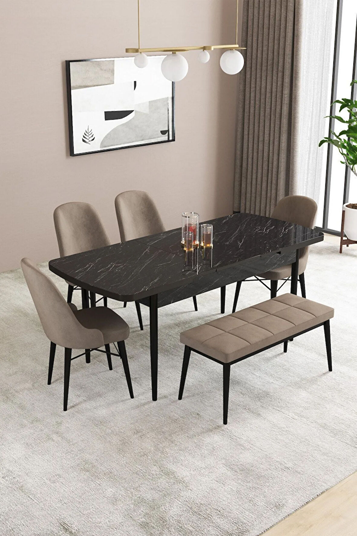Fonza Siyah Mermer Desen 80x132 MDF Açılabilir Mutfak Masası Takımı 4 Sandalye , 1 Bench