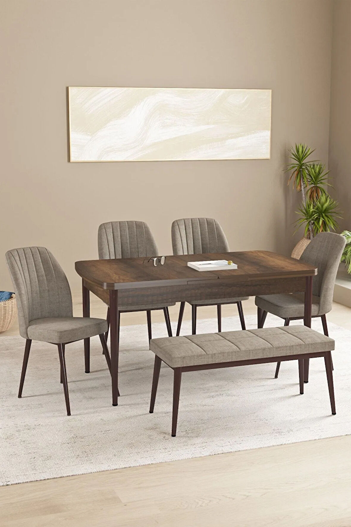 Floryn MDF Barok Desen Açılabilir 80x132 Cm 4 Sandalyeli Benchli Mutfak Masası Takımı