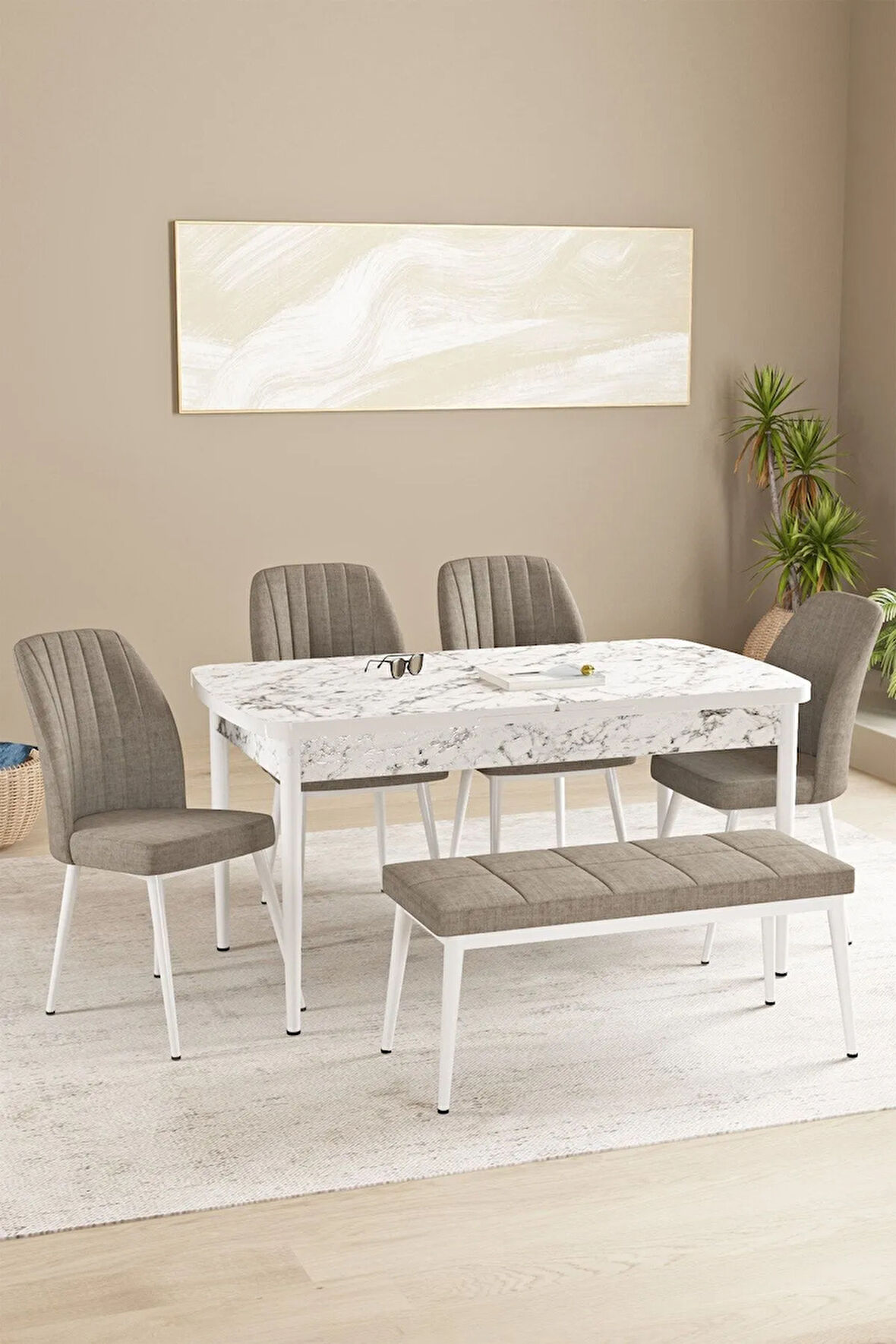 Floryn MDF Beyaz Mermer Desen Açılabilir 80x132 Cm 4 Sandalyeli Benchli Mutfak Masası Takımı