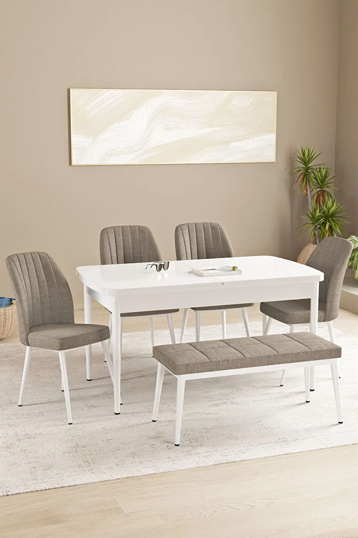 Floryn MDF Beyaz Açılabilir 80x132 Cm 4 Sandalyeli Benchli Mutfak Masası Takımı
