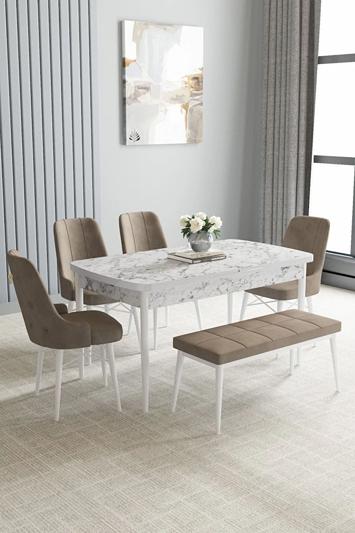 Arvela Beyaz Mermer Desen 80x132 Açılabilir Yemek Odası Takımı 4 Sandalye, 1 Bench