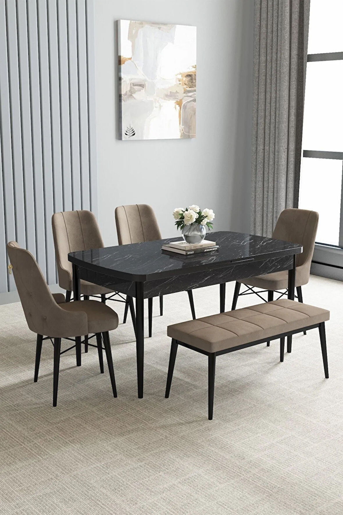 Jusie Siyah Mermer Desen 80x132 Açılabilir Yemek Odası Takımı 4 Sandalye, 1 Bench