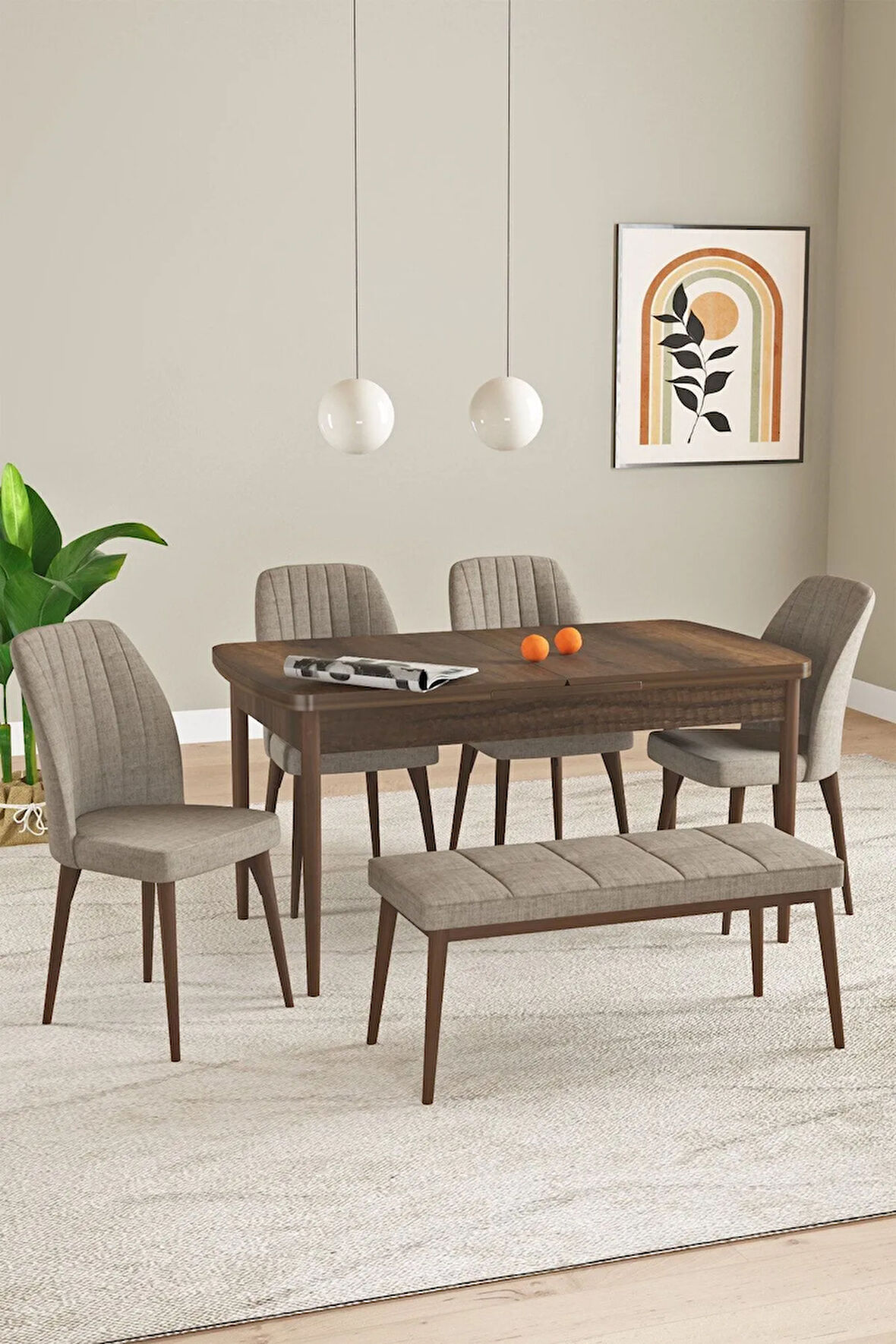 Laris Barok Desen 80 X 132 Benchli Açılabilir MDF Mutfak Masa Takımı 4 Sandalye