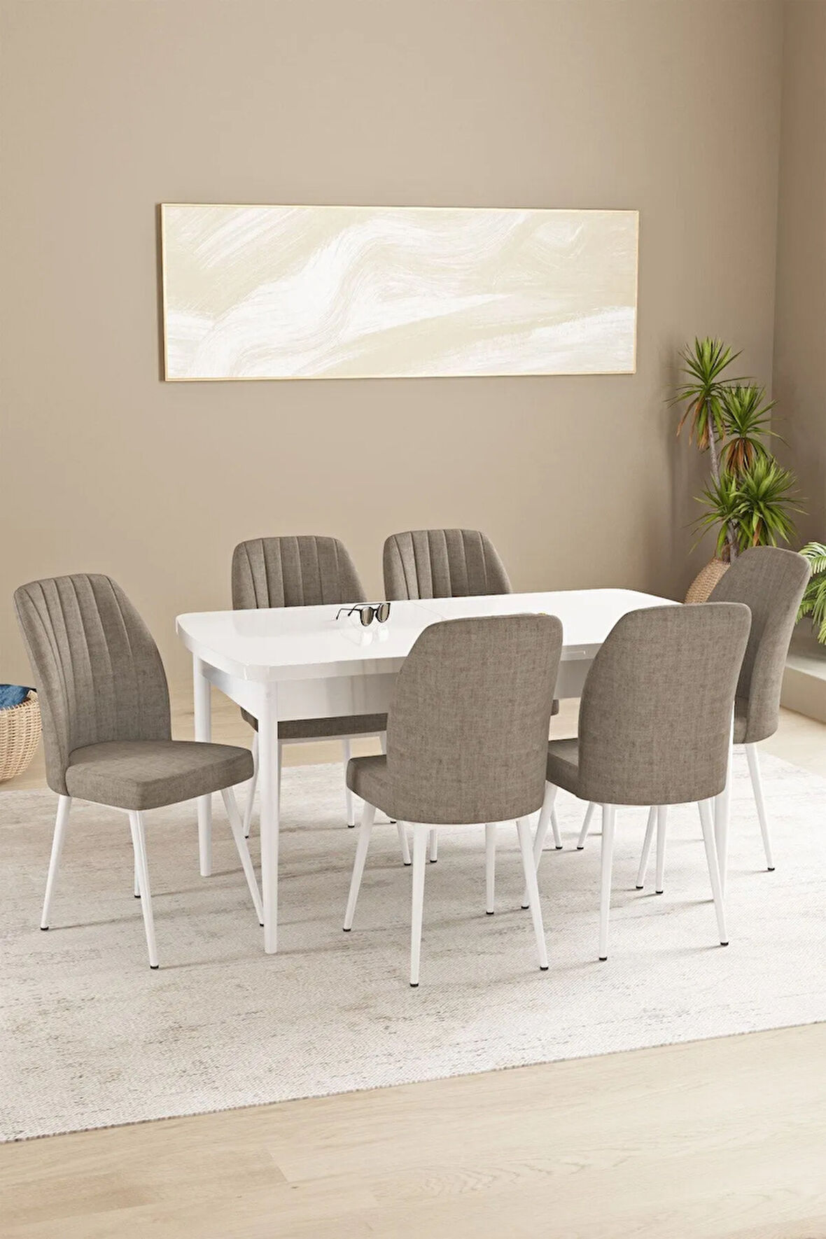 Mabel Beyaz Mermer Desen 80x132 MDF Açılabilir Mutfak Masası Takımı 4 Sandalye 1 Bench
