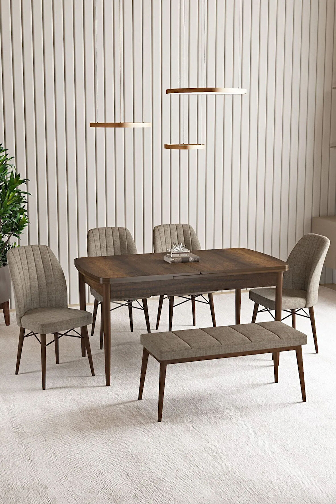 Vien Barok Desen 80 X 132 Açılabilir MDF Mutfak Masası 4 Sandalye, 1 Bench
