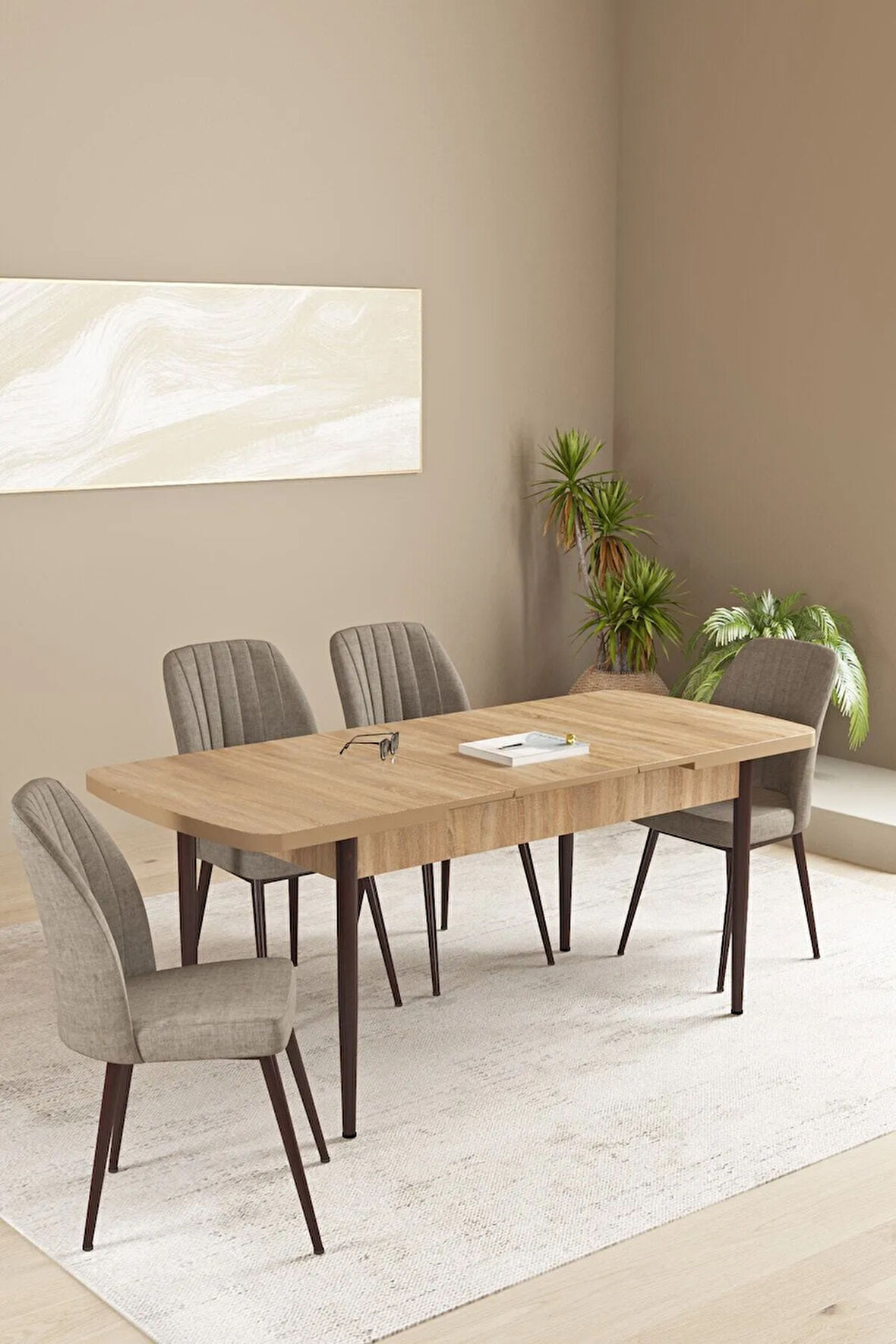 Daisy MDF Meşe Desen Açılabilir 80x132 Cm 4 Sandalyeli Mutfak Masası Takımı