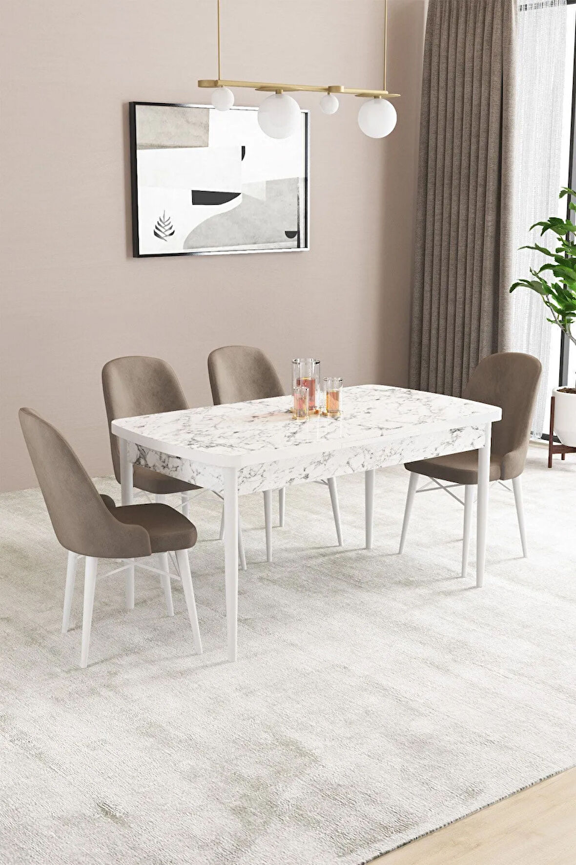 Fonza Beyaz Mermer Desen 80x132 MDF Açılabilir Mutfak Masası Takımı 4  Sandalye