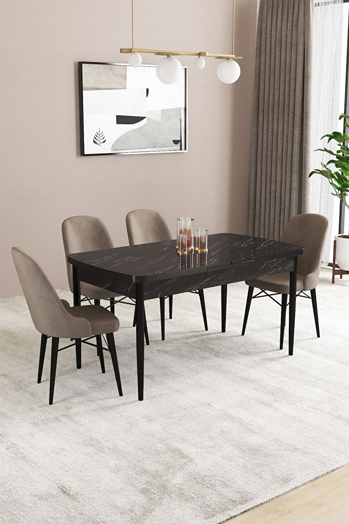 Fonza Siyah Mermer Desen MDF80x132 MDF Açılabilir Mutfak Masası Takımı 4  Sandalye