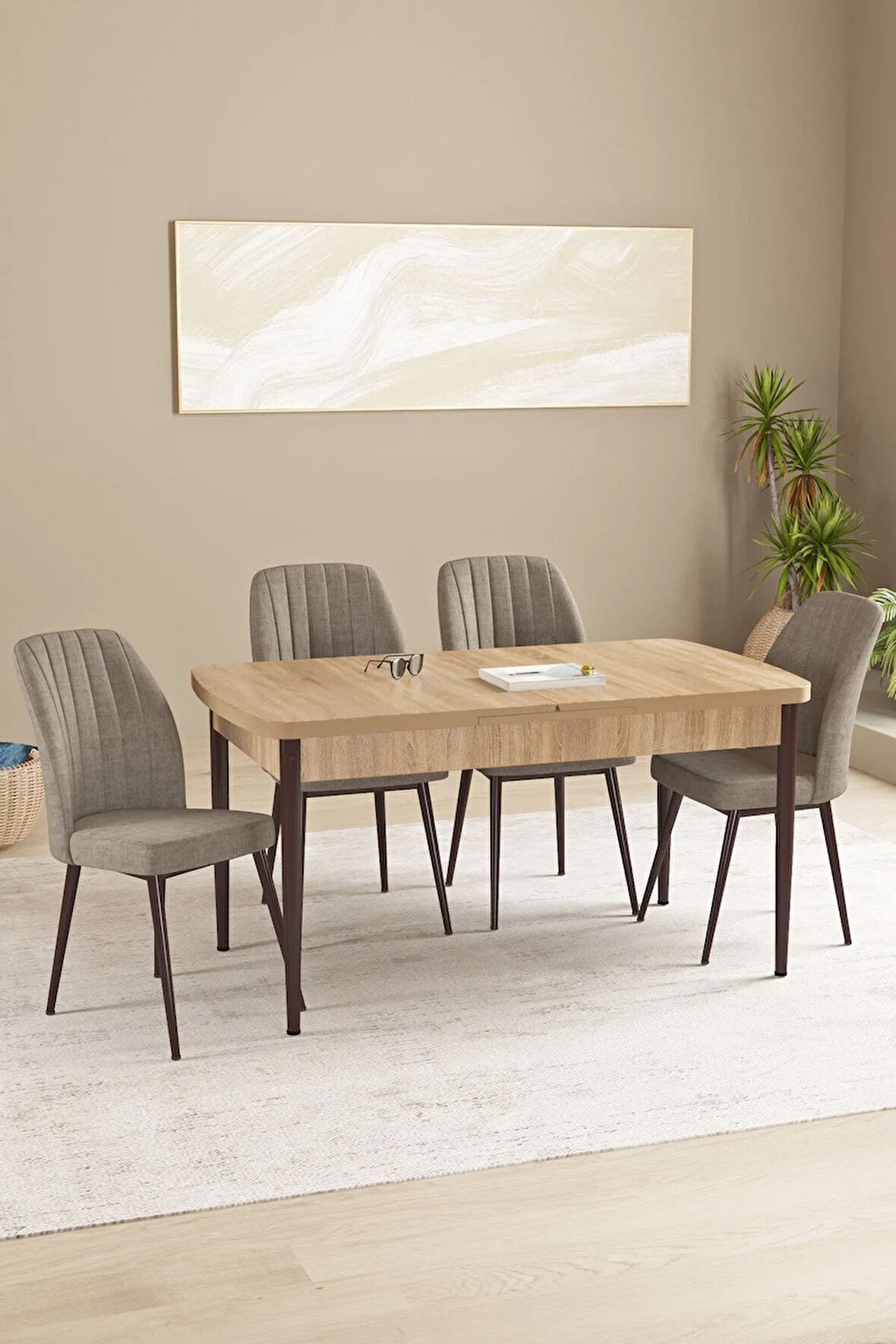 Floryn MDF Meşe Desen Açılabilir 80x132 Cm 4 Sandalyeli Mutfak Masası Takımı