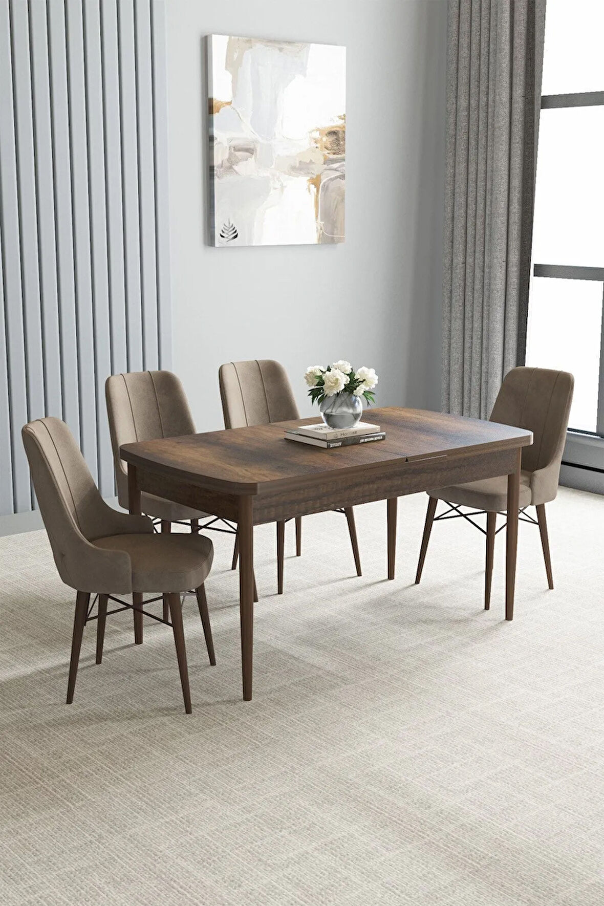 Jusie Barok Desen 80x132 Açılabilir Mutfak Masası Takımı 4  Sandalye
