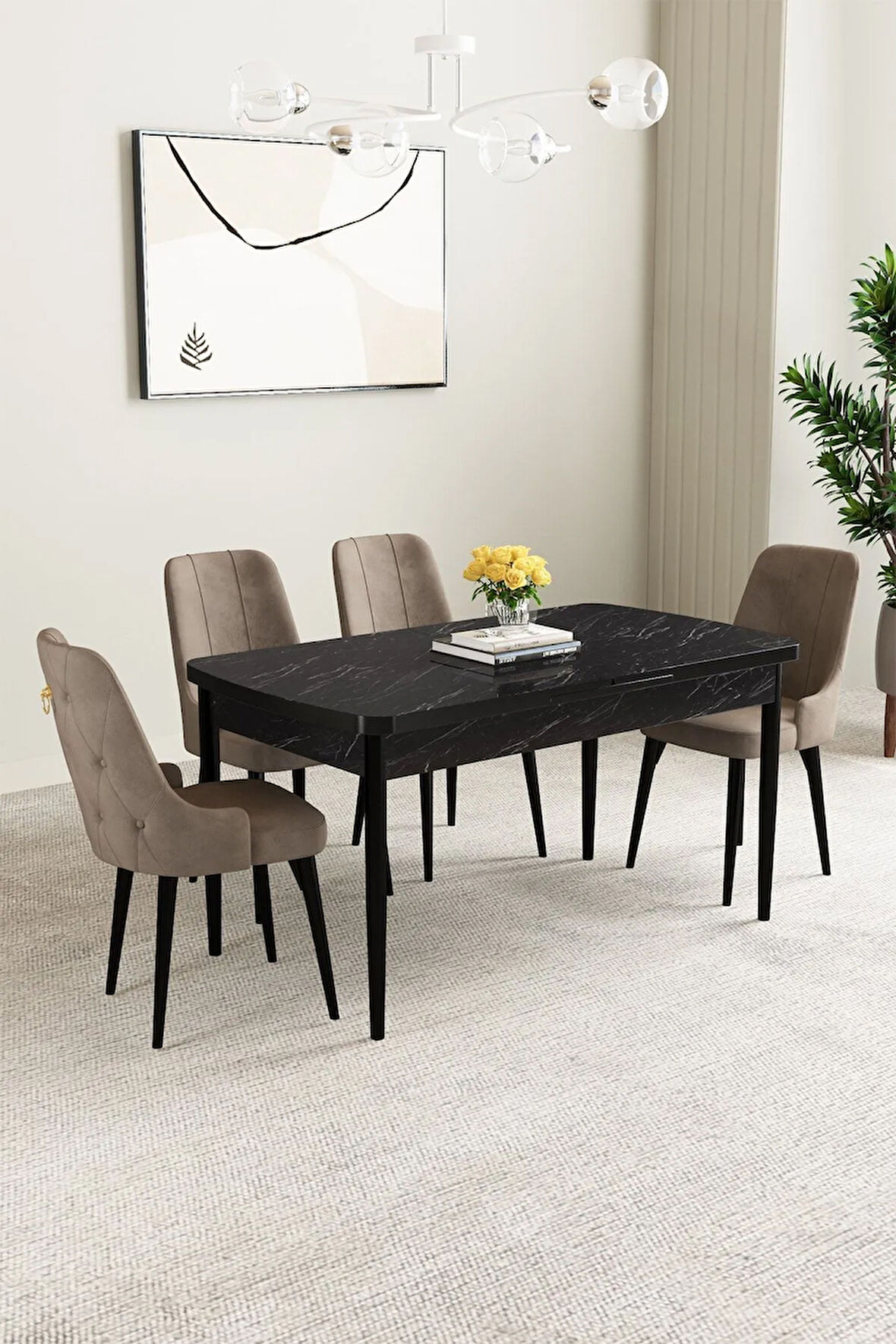 Mabel Siyah Mermer Desen 80x132 MDF Açılabilir Mutfak Masası Takımı 4  Sandalye