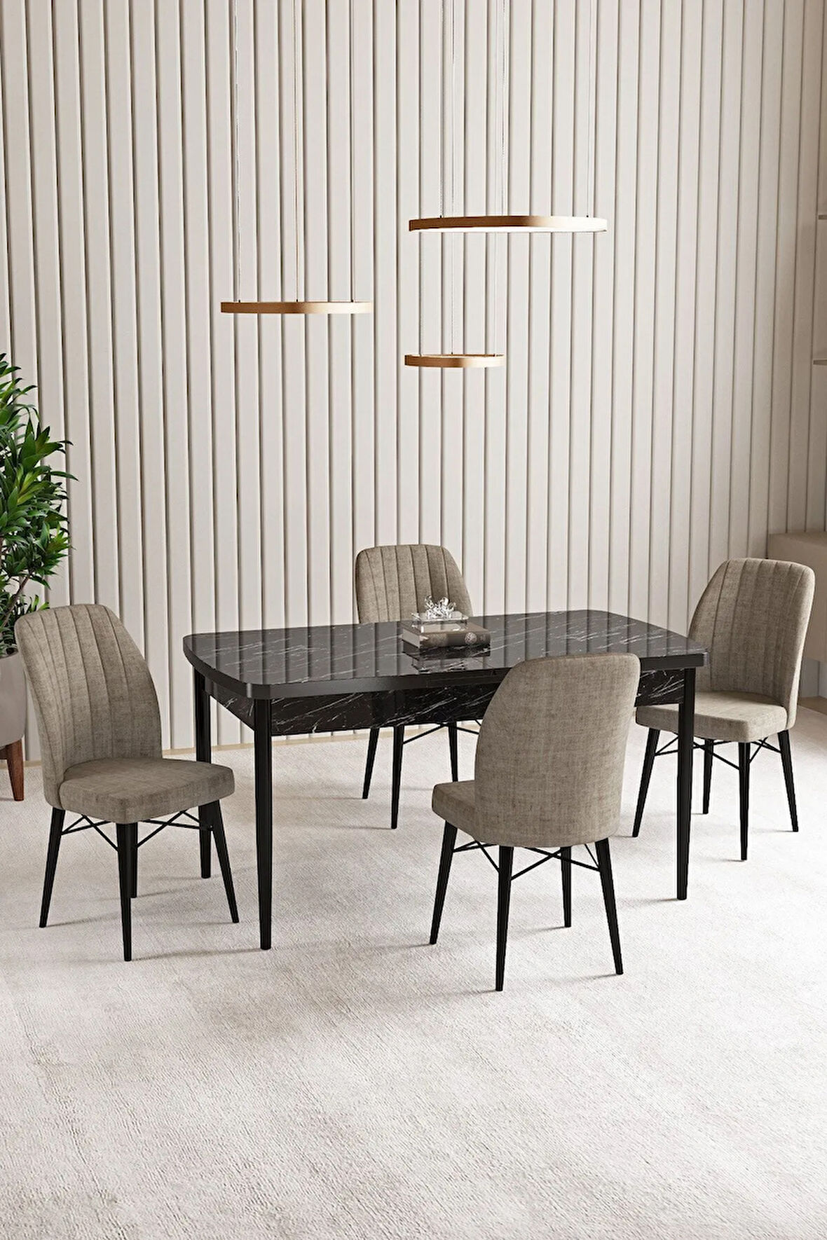 Vien Siyah Mermer Desen 80 X 132 Açılabilir MDF Mutfak Masası 4  Sandalye