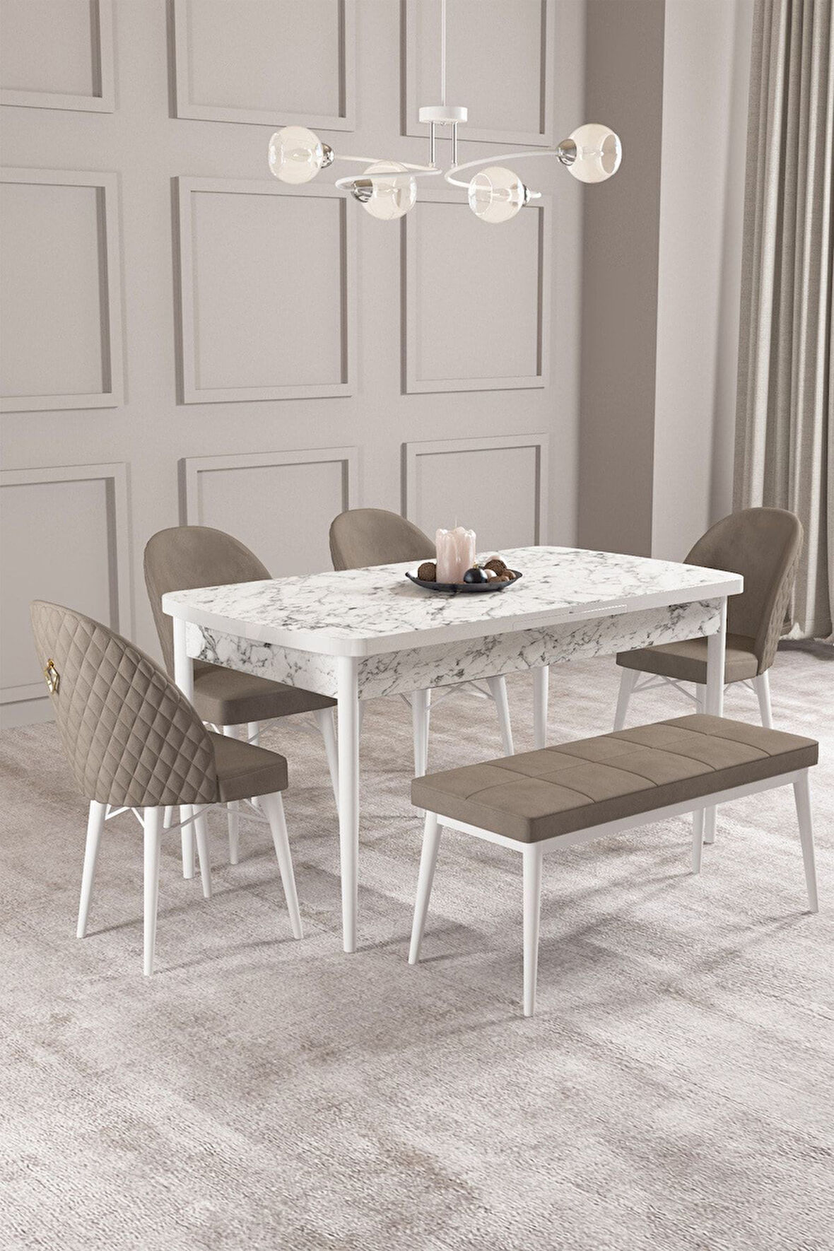 Calvin Beyaz Mermer 80x132 Açılabilir Mdf Masa Yemek Odası Takımı, Mutfak Takımı 4 Sandalye, 1 Bnch 