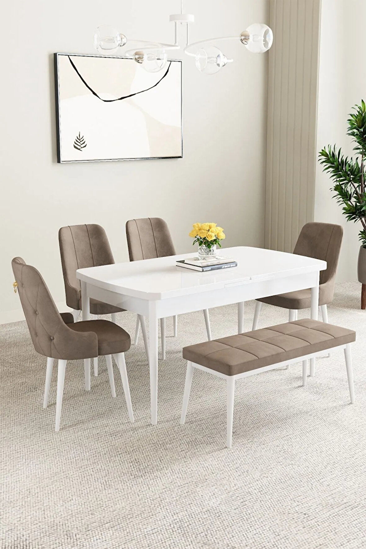 Clara Beyaz 80x132 Açılabilir Mdf Masa Yemek Odası Takımı,Mutfak Takımı 4 Sandalye 1 Bench