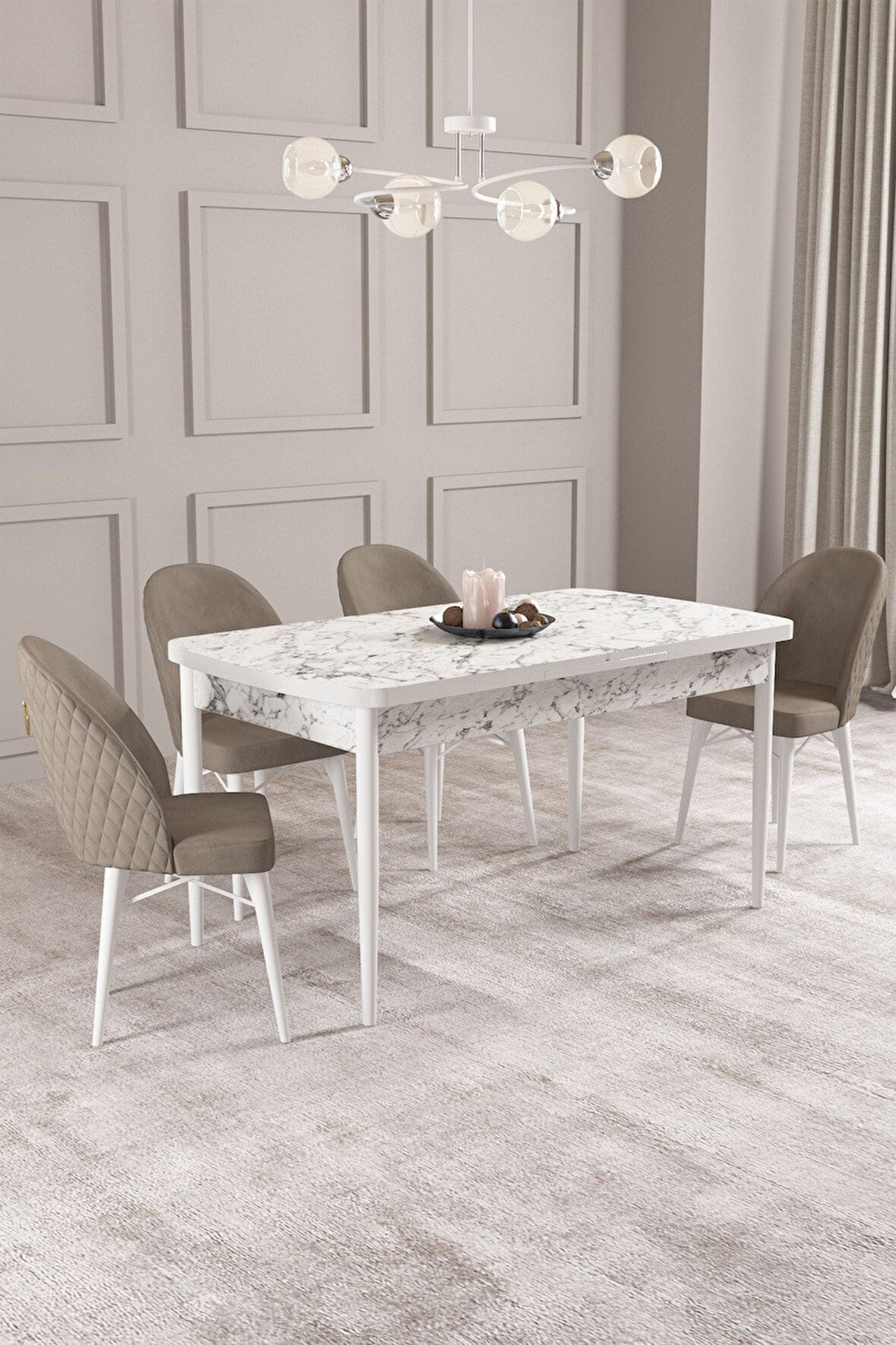 Calvin Beyaz Mermer 80x132 Açılabilir Mdf Masa Yemek Odası Takımı, Mutfak Takımı 4 Adet Sandalye