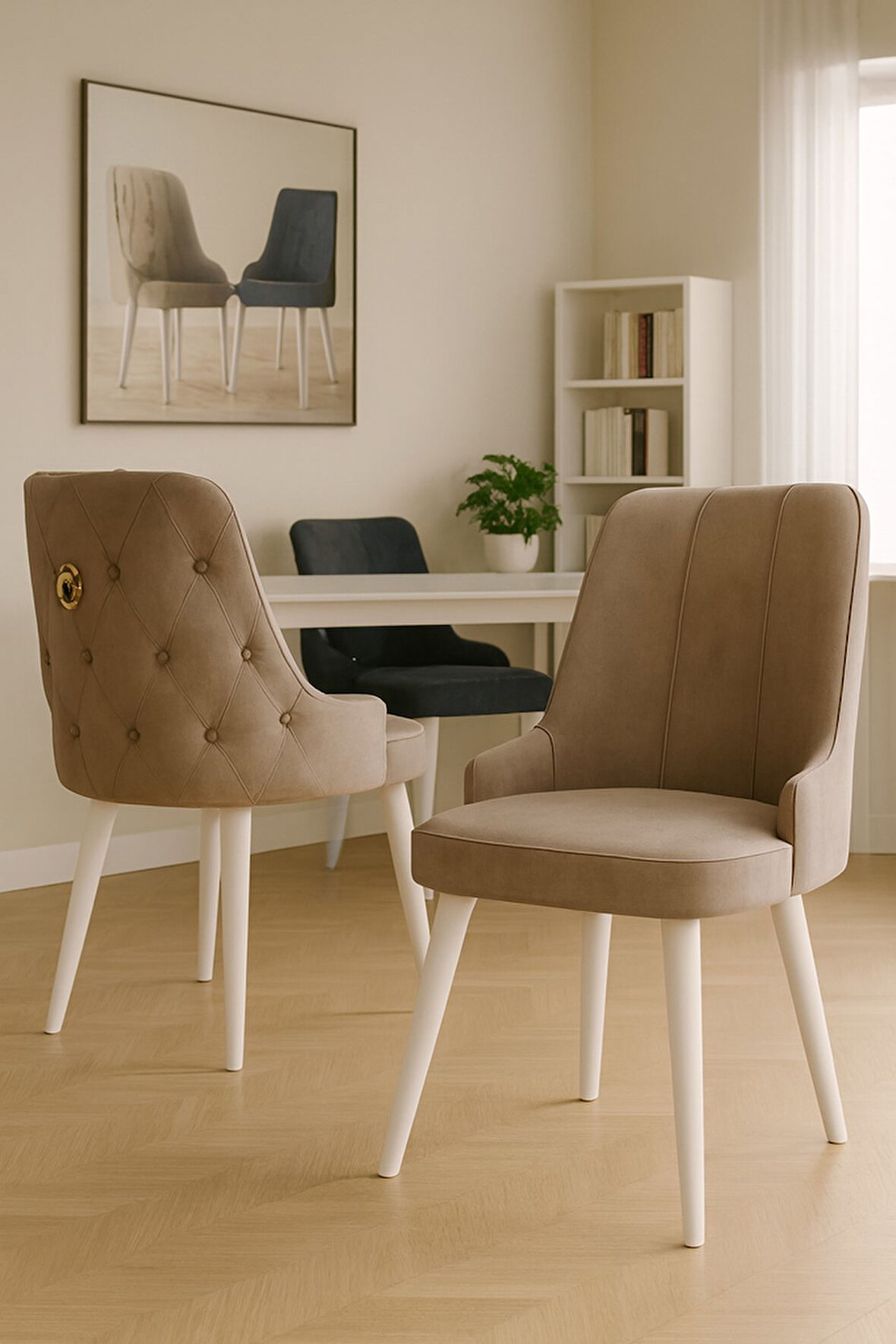 Esa 4 Adet Babyface Kumaş, Beyaz Metal Ayaklı, Mutfak ve Yemek Odası Sandalyesi