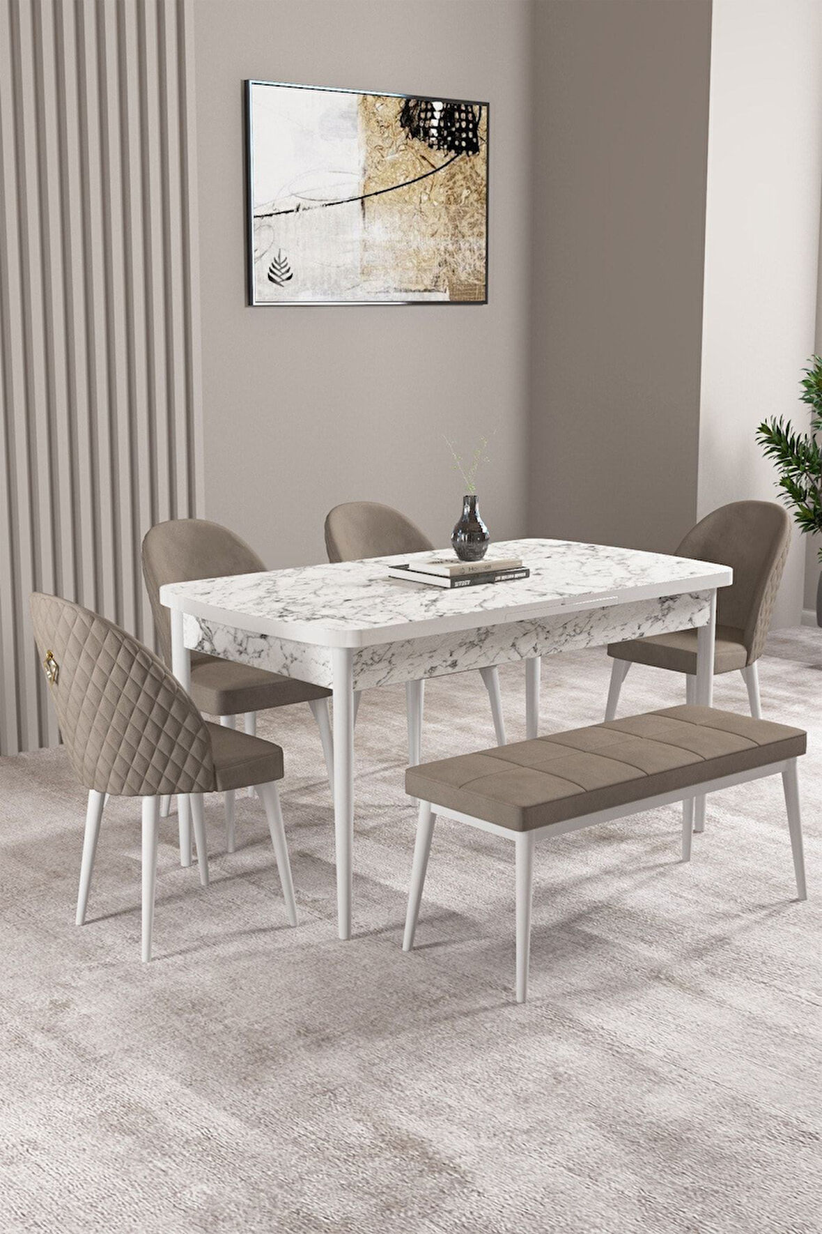 Milas Beyaz Mermer 80x132 Açılabilir Mdf Masa Yemek Odası Takımı, Mutfak Takımı 4 Sandalye, 1 Bench