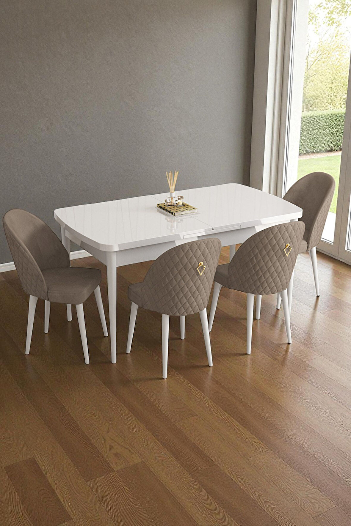 Mura Beyaz 80x132 Açılabilir Mdf Masa Yemek Odası Takımı, Mutfak Takımı 4 Adet Sandalye