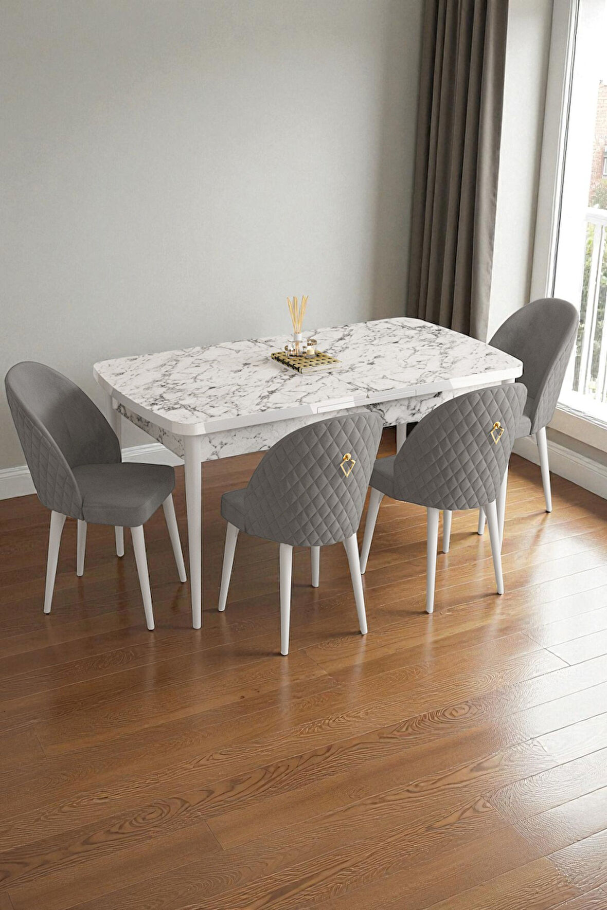 Mura Beyaz Mermer 80x132 Açılabilir Mdf Masa Yemek Odası Takımı, Mutfak Takımı 4 Adet Sandalye