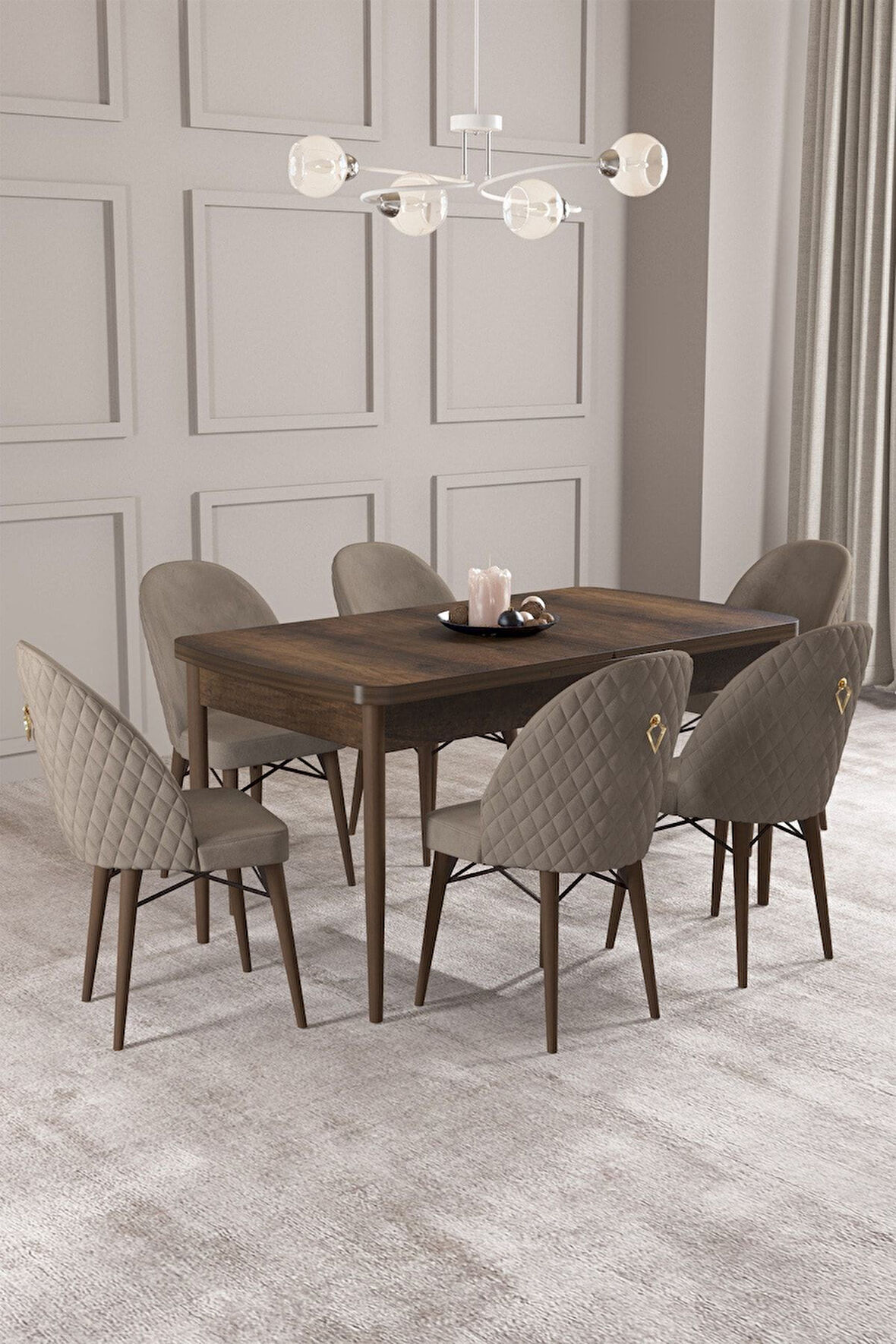 Calvin Barok Desen 80x132 Açılabilir Mdf Masa Yemek Odası Takımı, Mutfak Takımı 6 Adet Sandalye