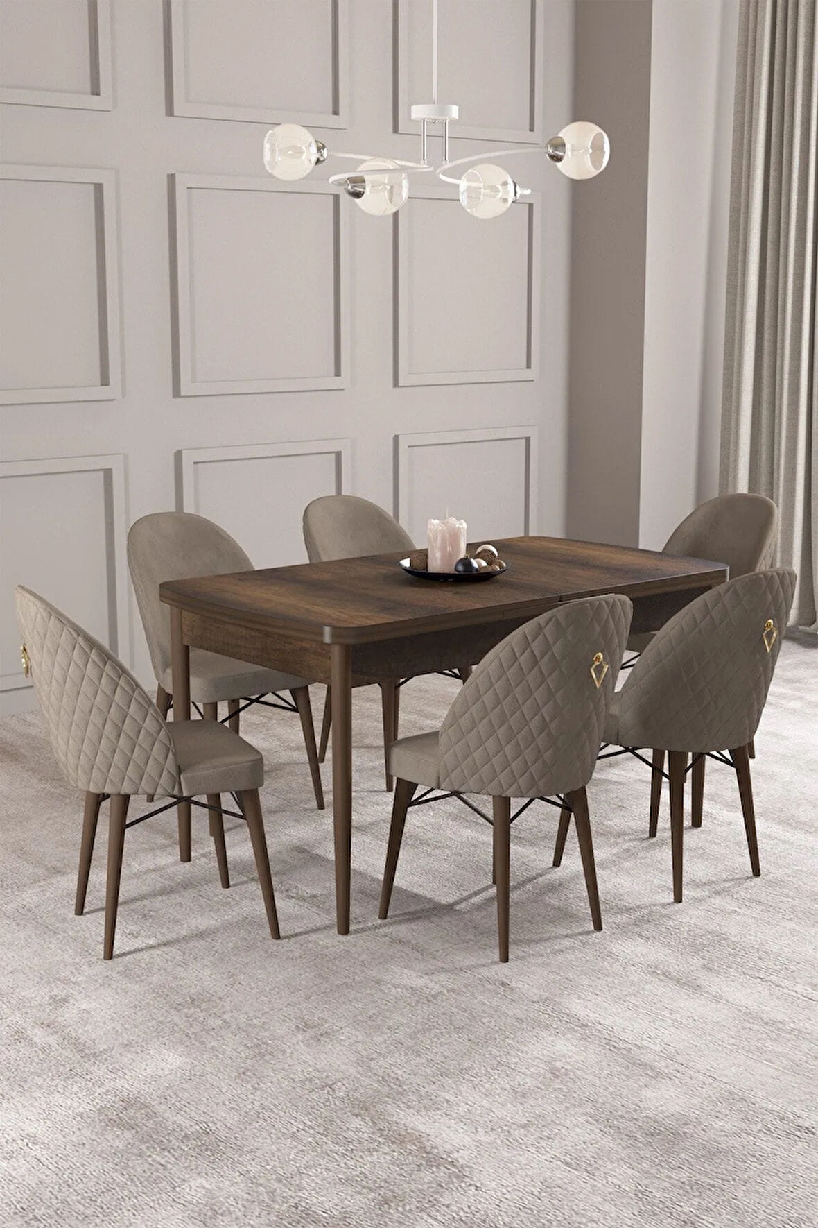 Calvin Barok Desen 80x132 MDF Açılabilir Mutfak Masası Takımı 6  Sandalye