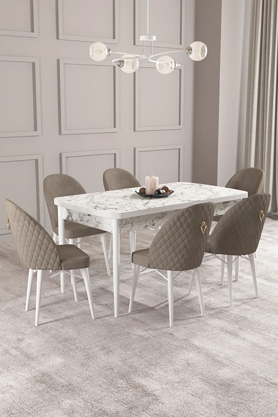 Calvin Beyaz Mermer Desen 80x132 MDF Açılabilir Mutfak Masası Takımı 6  Sandalye