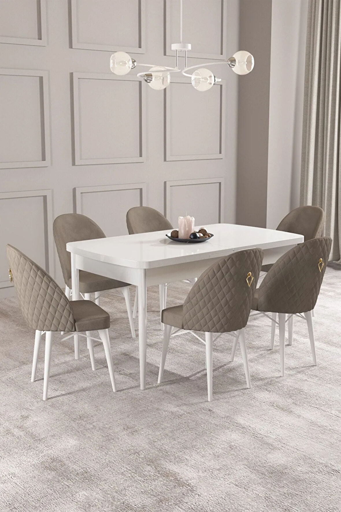 Calvin Beyaz 80x132 MDF Açılabilir Mutfak Masası Takımı 6  Sandalye