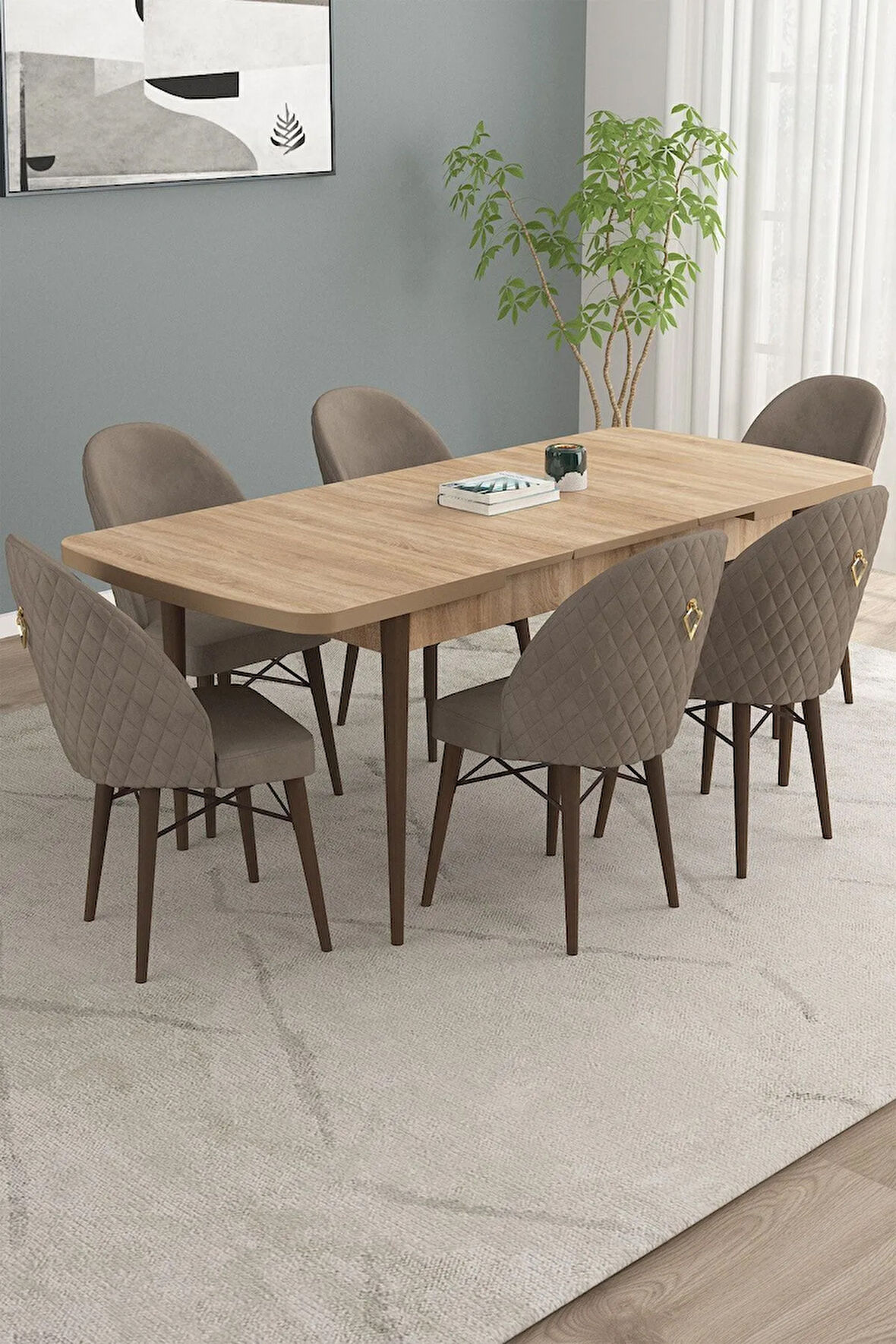 Calvin Meşe Desen 80x132 MDF Açılabilir Mutfak Masası Takımı 6  Sandalye