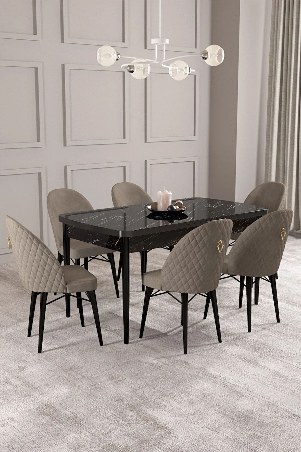Calvin Siyah Mermer Desen 80x132 MDF Açılabilir Mutfak Masası Takımı 6  Sandalye