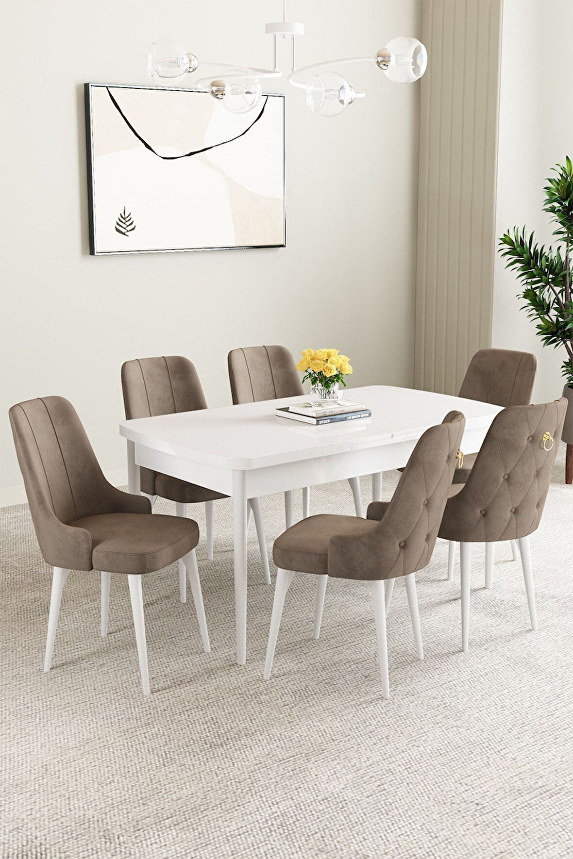 Mabel Beyaz 80x132 Açılabilir Mdf Masa Yemek Odası Takımı, Mutfak Takımı 6 Adet Sandalye