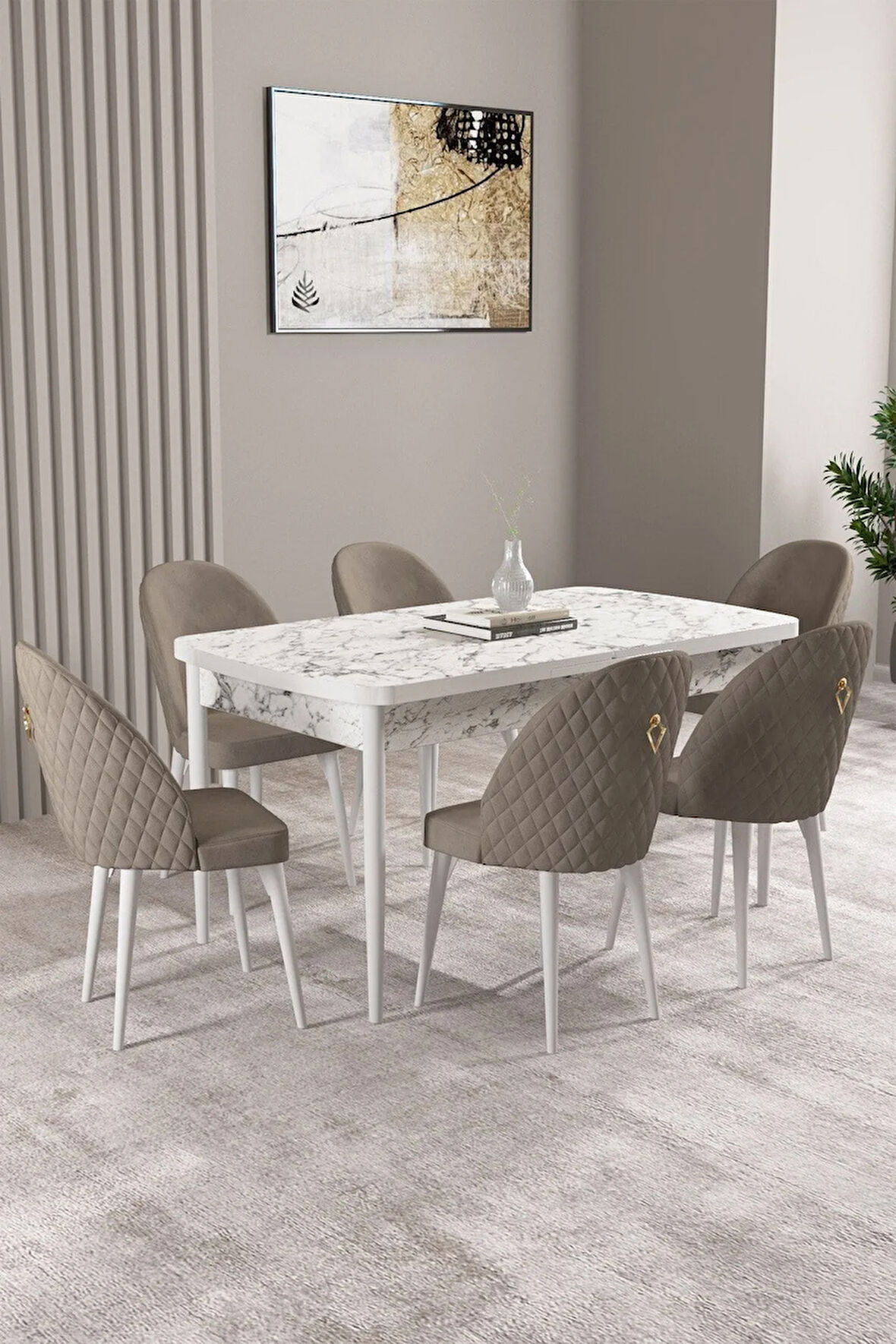 Milas Beyaz Mermer Desen 80x132 MDF Açılabilir Mutfak Masası Takımı 6  Sandalye