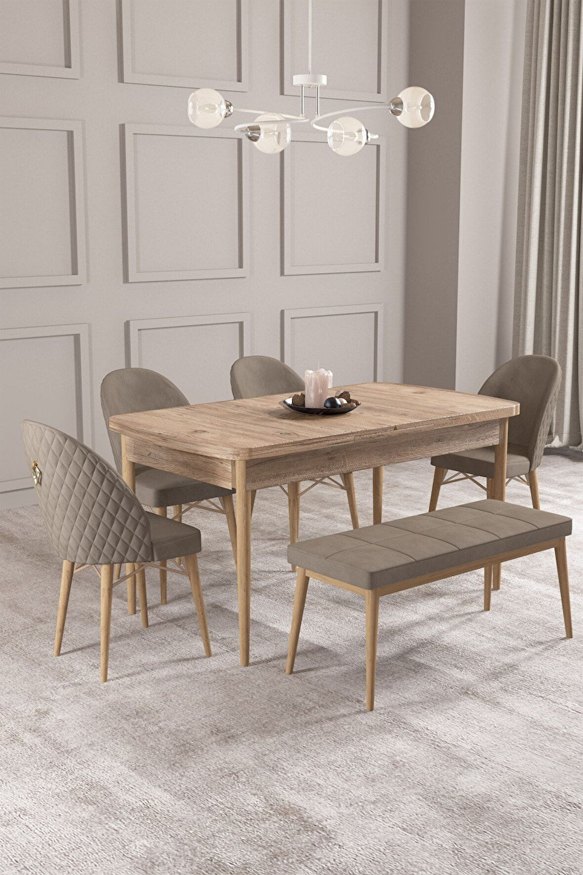 Calvin Atlantik 80x132 Açılabilir Mdf Masa Yemek Odası Takımı, Mutfak Takımı 4 Sandalye, 1 Bench