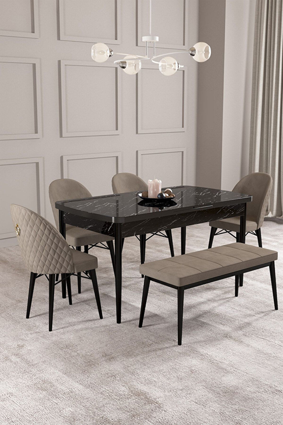 Calvin Siyah Mermer 80x132 Açılabilir Mdf Masa Yemek Odası Takımı, Mutfak Takımı 4 Adet Sandalye, 1 
