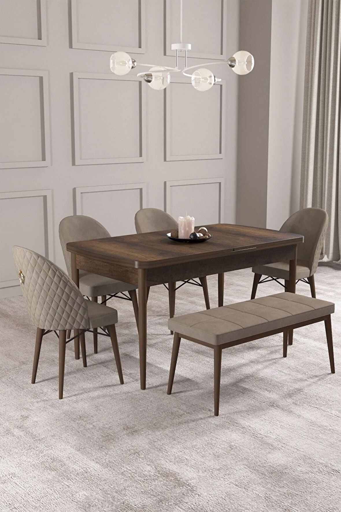 Calvin Barok Desen 80x132 MDF Açılabilir Mutfak Masası Takımı 4 Sandalye, 1 Bench