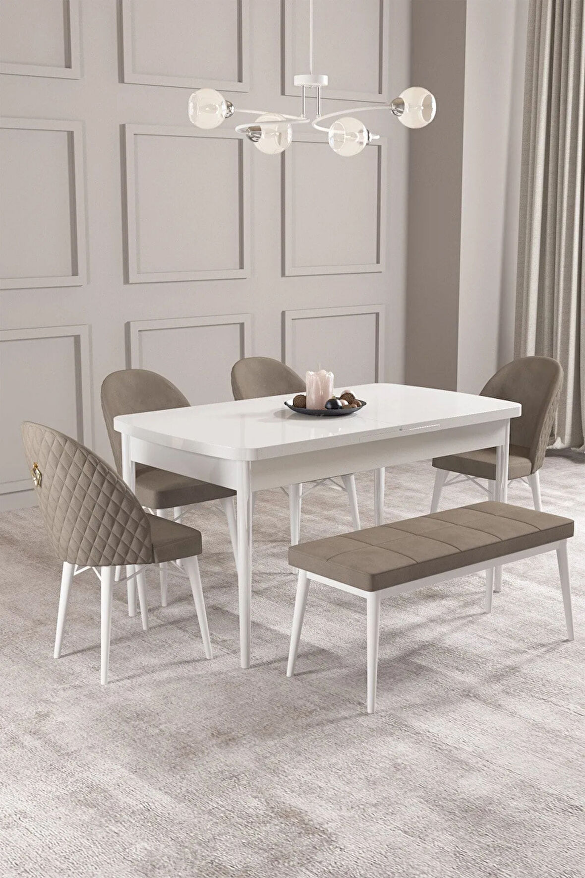 Calvin Beyaz 80x132 MDF Açılabilir Mutfak Masası Takımı 4 Sandalye, 1 Bench