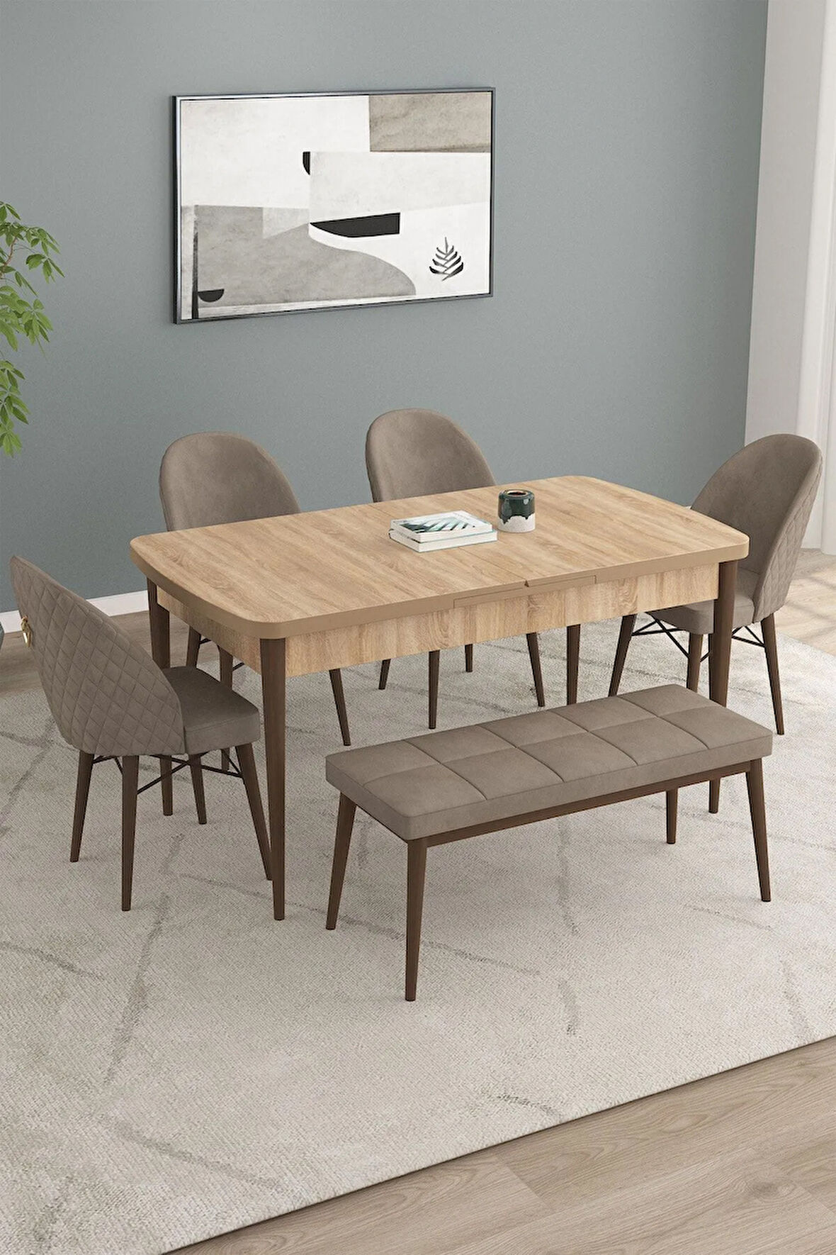 Calvin Meşe Desen 80x132 MDF Açılabilir Mutfak Masası Takımı 4 Sandalye, 1 Bench