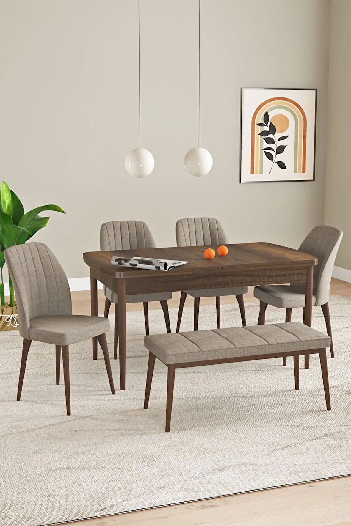 Elis Barok Desen 80x132 Açılabilir Masa Takımı 4 Sandalye, 1 Bench
