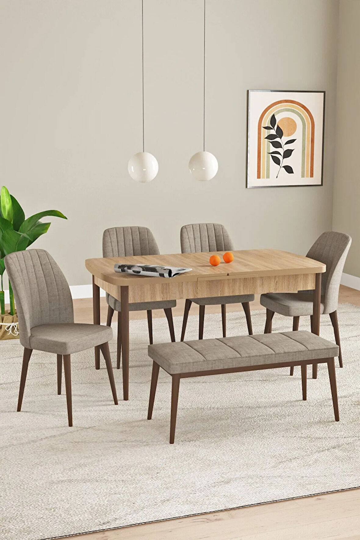 Elis Meşe Desen 80x132 Açılabilir Yemek Odası Takımı 4 Sandalye, 1 Bench