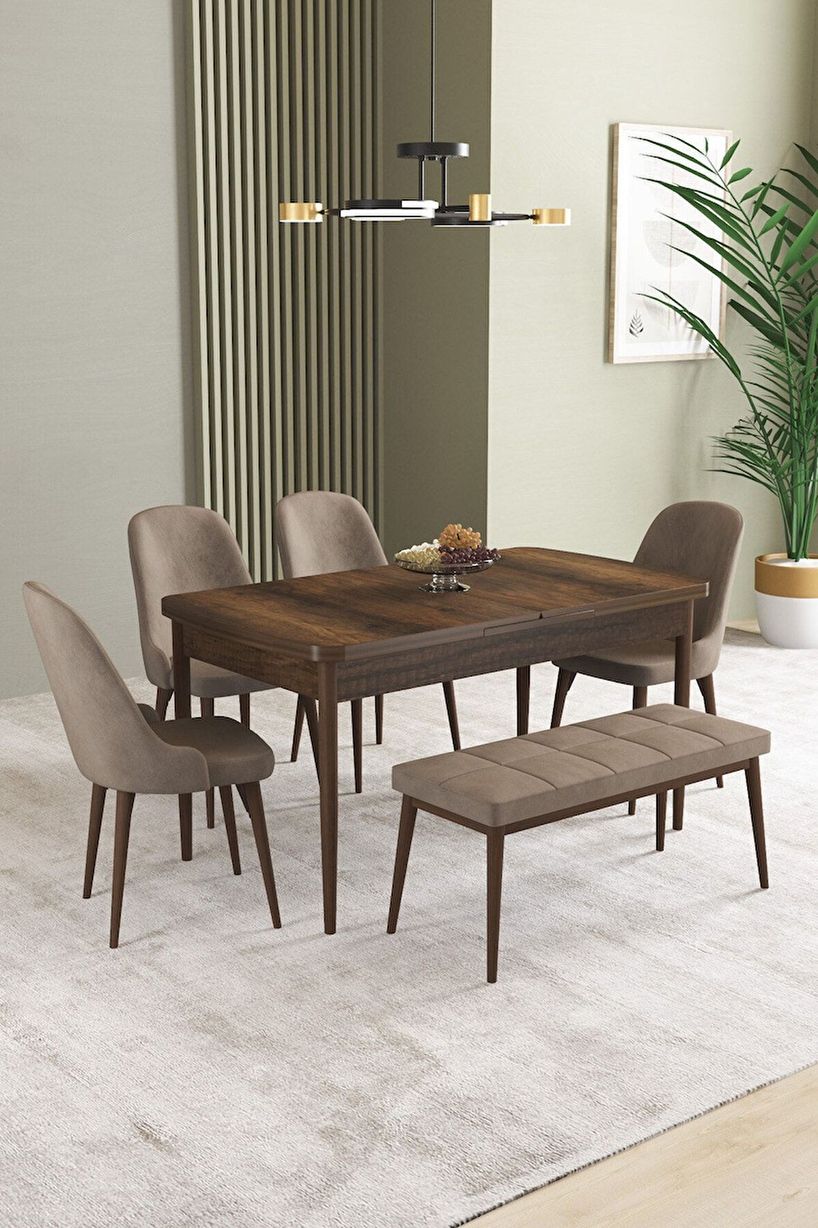 Ikon Barok Desen 80x132 Açılabilir Mdf Masa Yemek Odası Takımı, Mutfak Takımı 4 Sandalye, 1 Bench