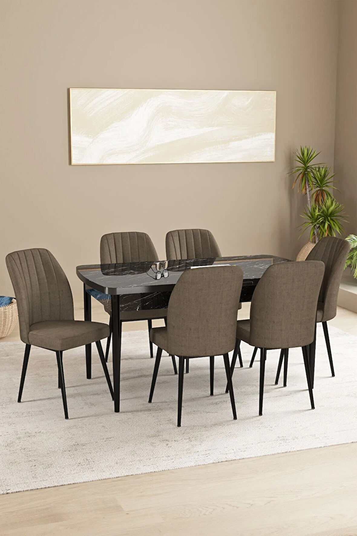 Ikon Siyah Mermer Desen 80x132 MDF Açılabilir Yemek Masası Takımı 4 Sandalye, 1 Bench