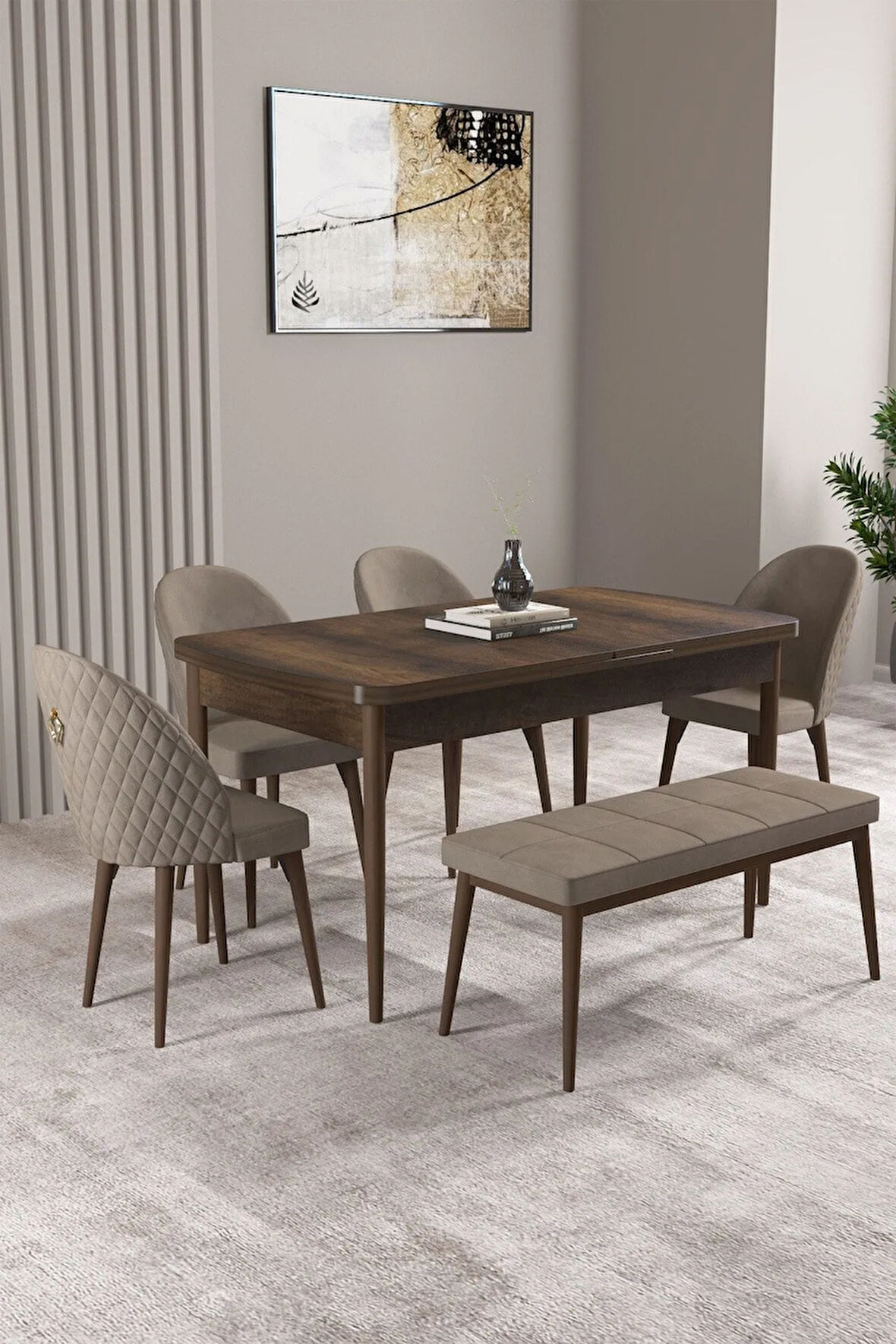 Milas Barok Desen 80x132 MDF Açılabilir Mutfak Masası Takımı 4 Sandalye, 1 Bench