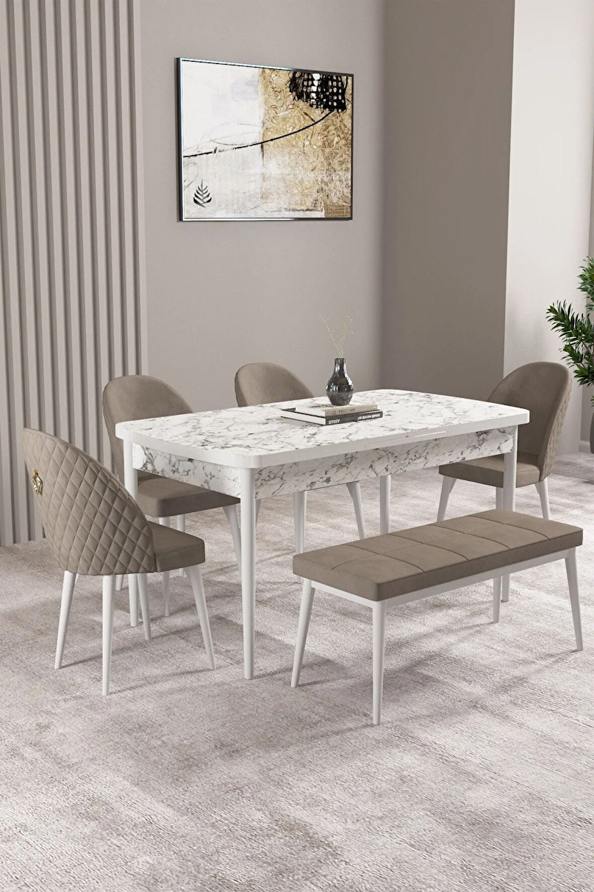 Milas Beyaz Mermer Desen 80x132 MDF Açılabilir Mutfak Masası Takımı 4 Sandalye, 1 Bench