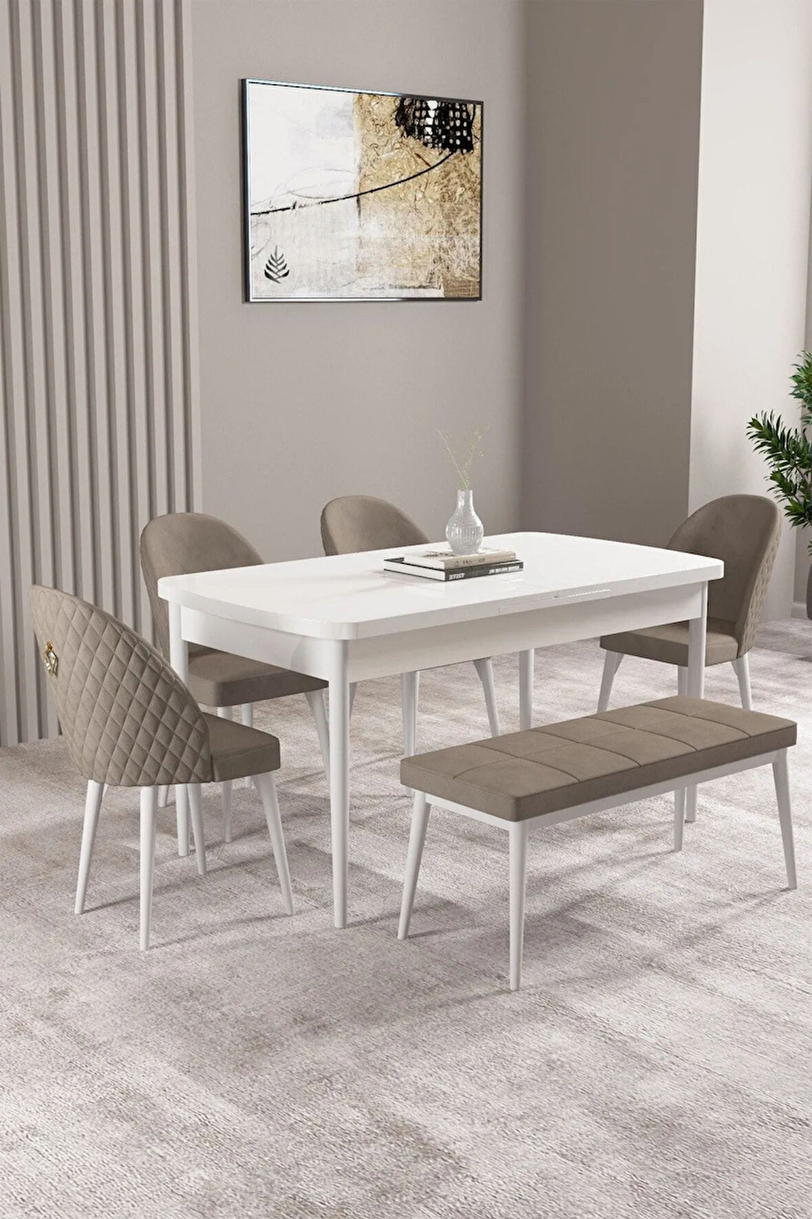 Milas Beyaz 80x132 MDF Açılabilir Mutfak Masası Takımı 4 Sandalye, 1 Bench