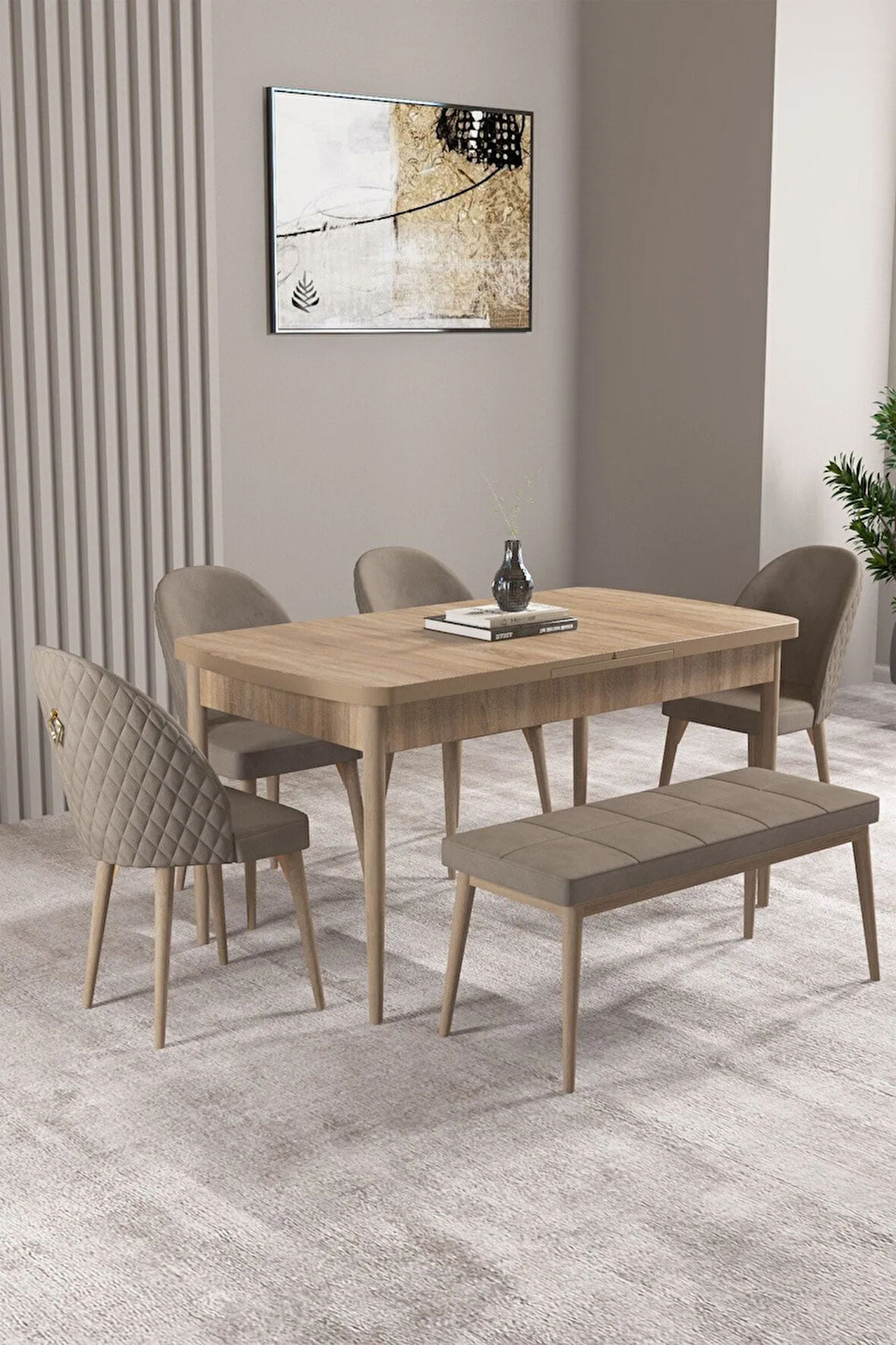 Milas Meşe Desen 80x132 MDF Açılabilir Yemek Masası Takımı 4 Sandalye, 1 Bench