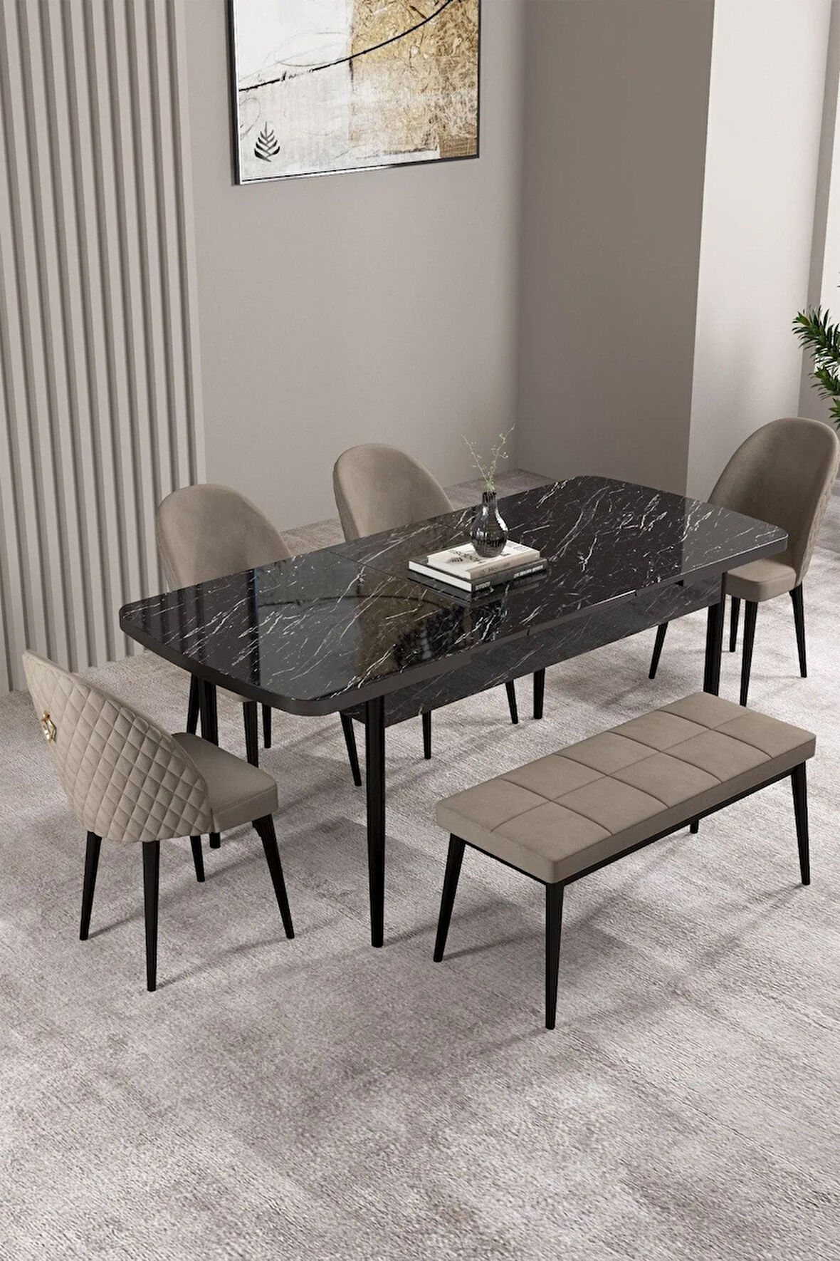 Milas Siyah Mermer Desen 80x132 MDF Açılabilir Yemek Masası Takımı 4 Sandalye, 1 Bench