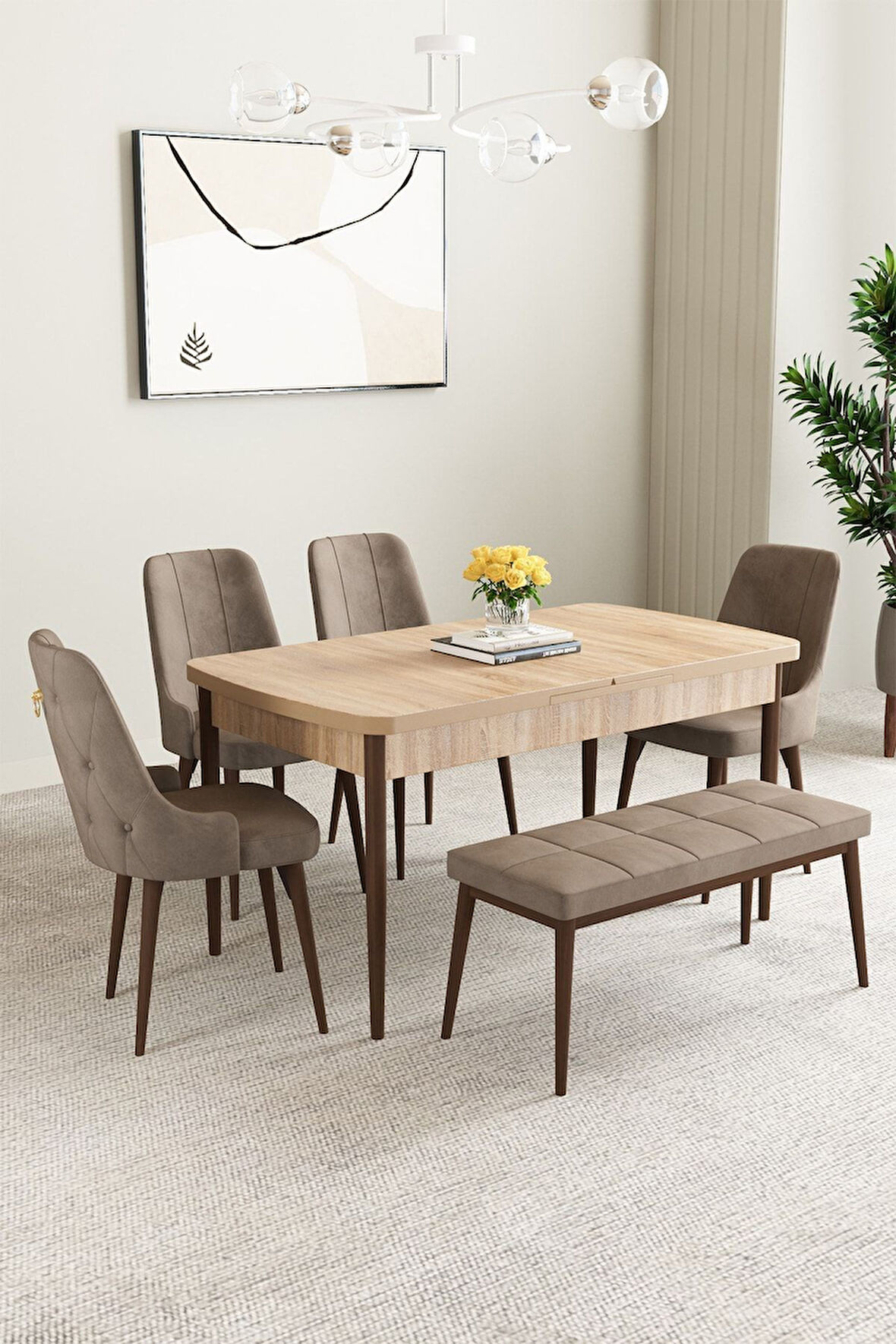 Clara Meşe Desen 80x132 Açılabilir Mdf Masa Yemek Odası Takımı,Mutfak Takımı 4 Sandalye 1 Bench