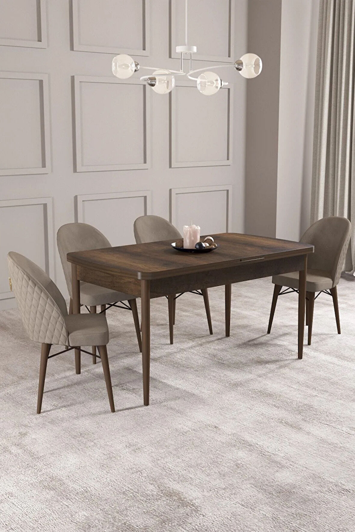 Arya Barok Desen 80x132 MDF Açılabilir Mutfak Masası Takımı 4  Sandalye