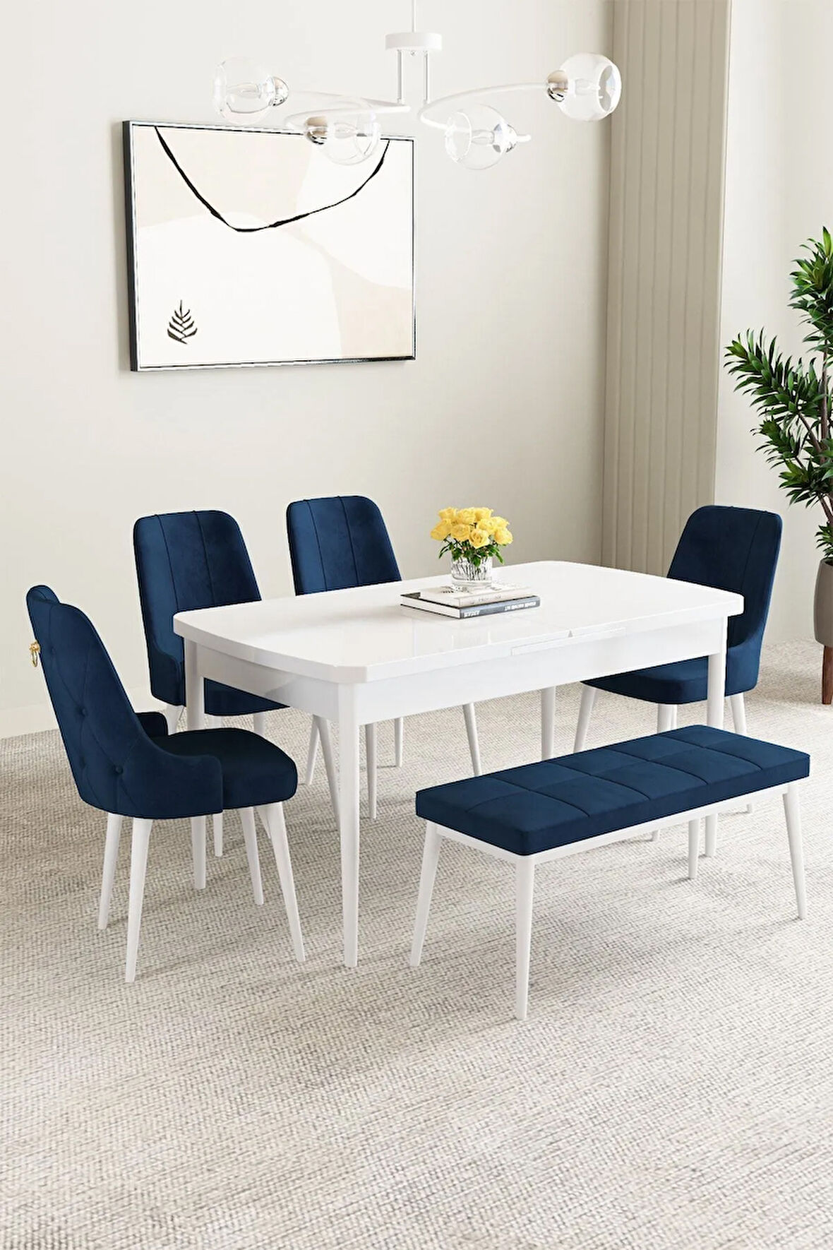 Arya Beyaz Mermer Desen 80x132 MDF Açılabilir Mutfak Masası Takımı 4  Sandalye