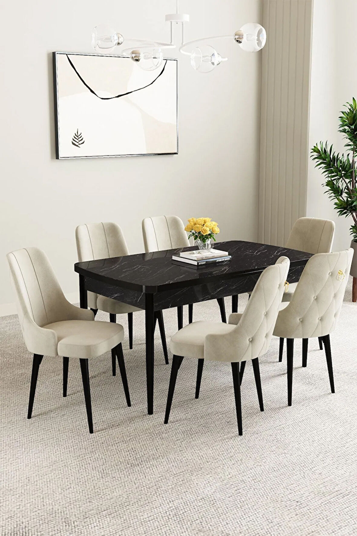 Arya Siyah Mermer Desen 80x132 MDF Açılabilir Mutfak Masası Takımı 4  Sandalye